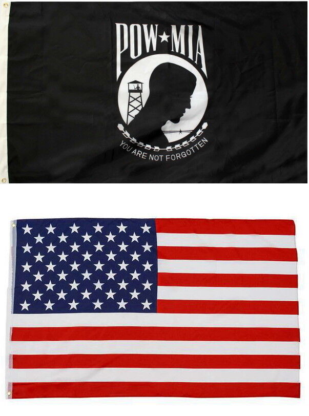 2 FLAGS POW MIA PRISONER OF WAR MISSING IN ACTION 3 X 5 AND AMERICAN FLAG USA