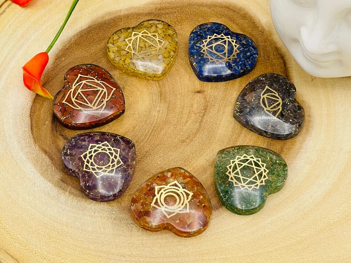 7 Chakra Orgone Smooth Heart Stone Set With Engraved Chakra Symbols, 1.5 inch