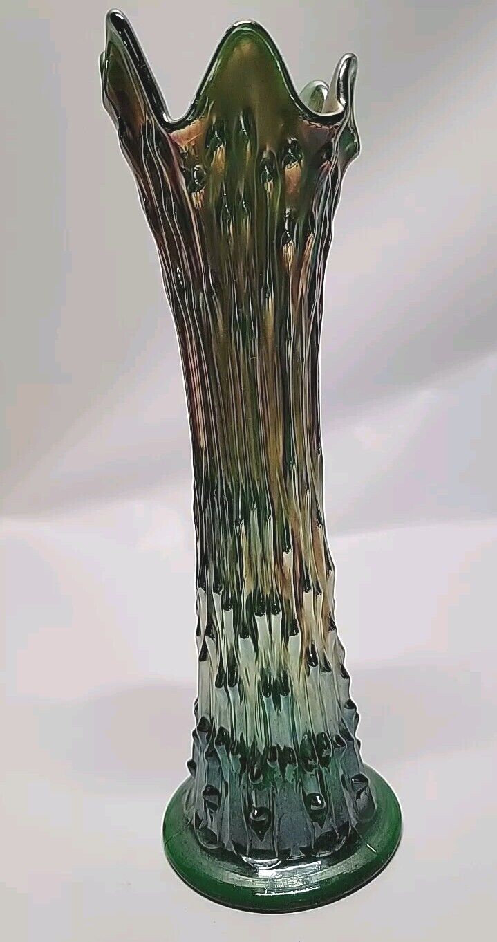 Vtg Fenton Green Carnival Glass April Showers Swung Vase 
