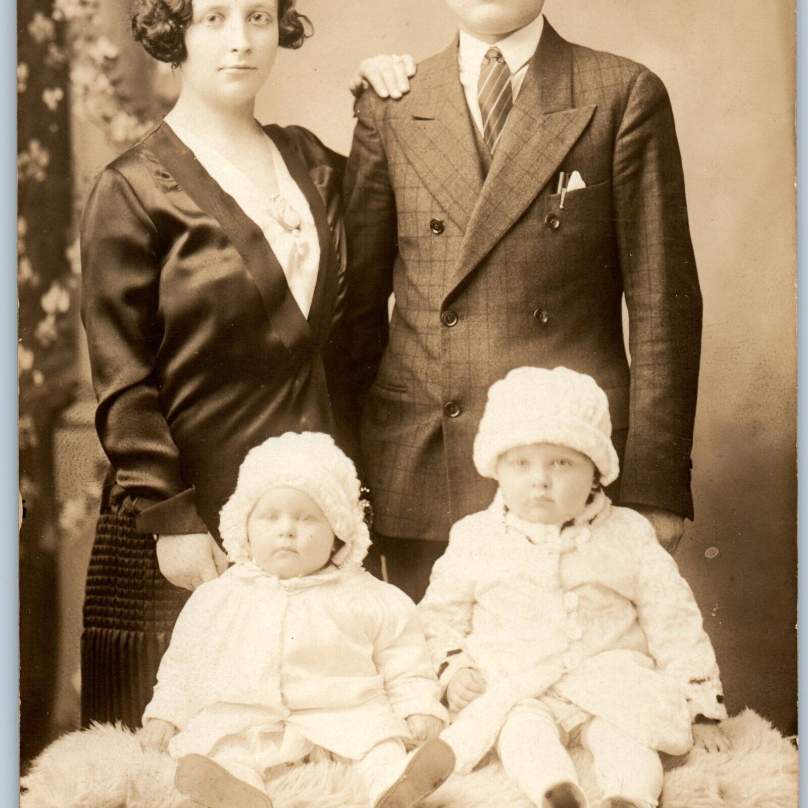c1930s Lovely Young Family Portrait RPPC Cute Boys Winter Hats Real Photo A193