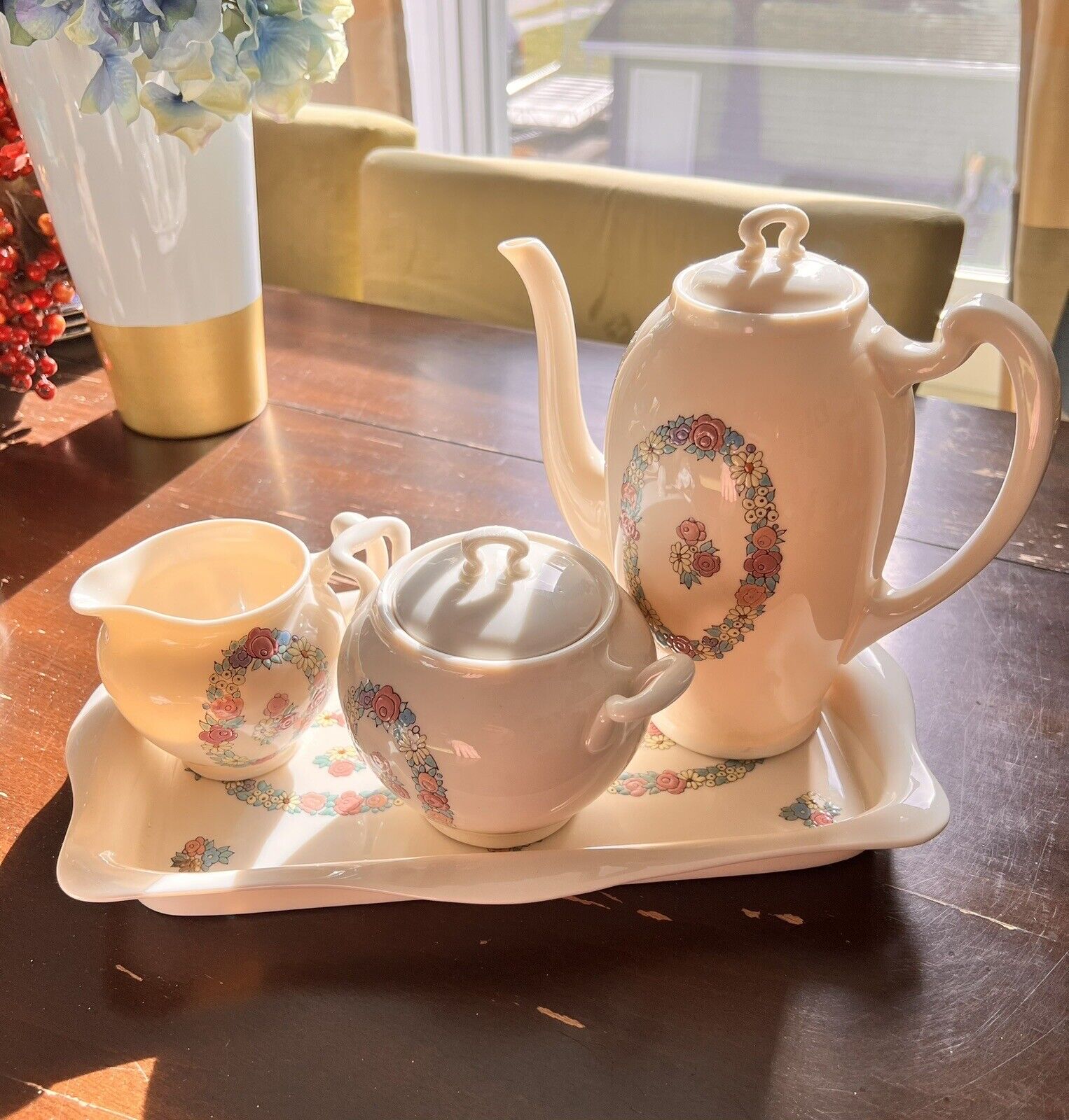 Rare Lenox Belleek Coffee Server, Teapot, Cream & Sugar Detailed Flower Motif