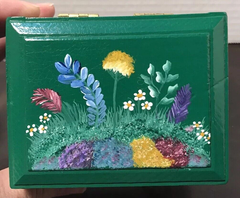 MINI WOODEN BOX vintage Unique trinket  Hand Painted Floral Green, Snap Closure