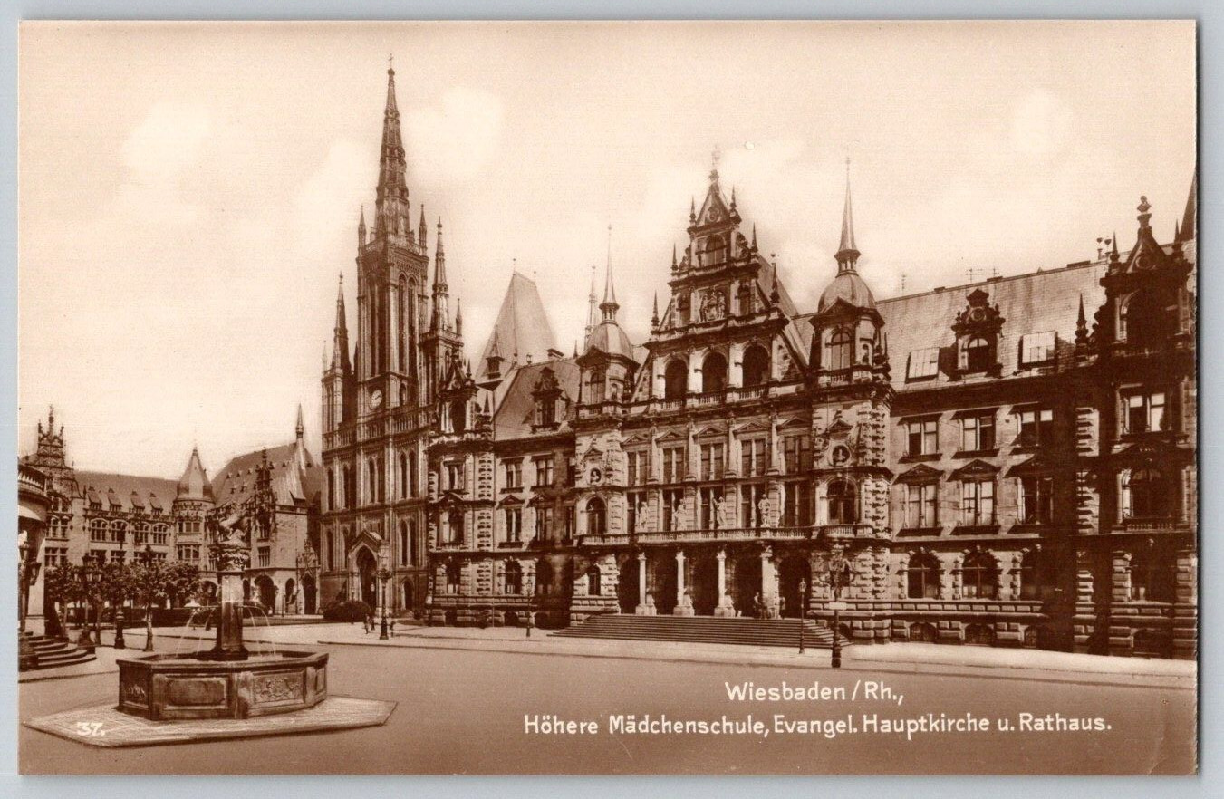 RPPC Postcard~ Girls High School, Church, & Town Hall~ Wiesbaden, Germany