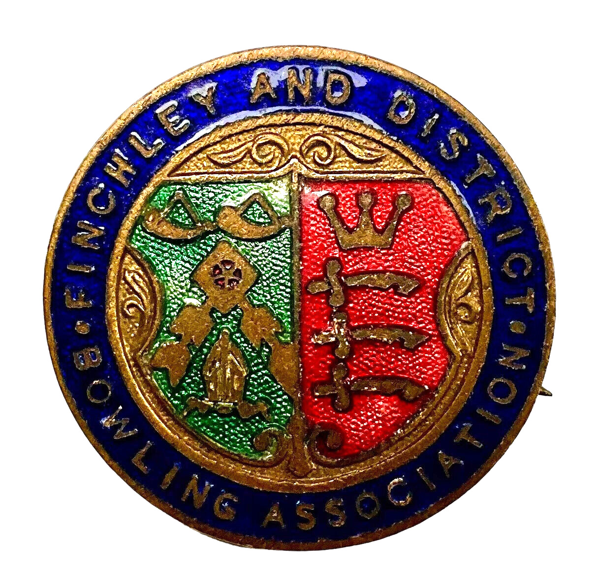 Vintage Old Finchley & District Bowling Bowls Club Members Enamel Brooch Badge