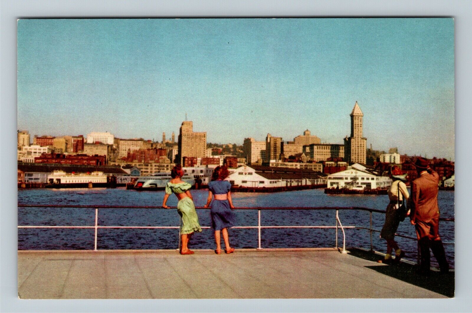 Seattle WA-Washington, Visitors Skyline View From A Breezy Pier Vintage Postcard