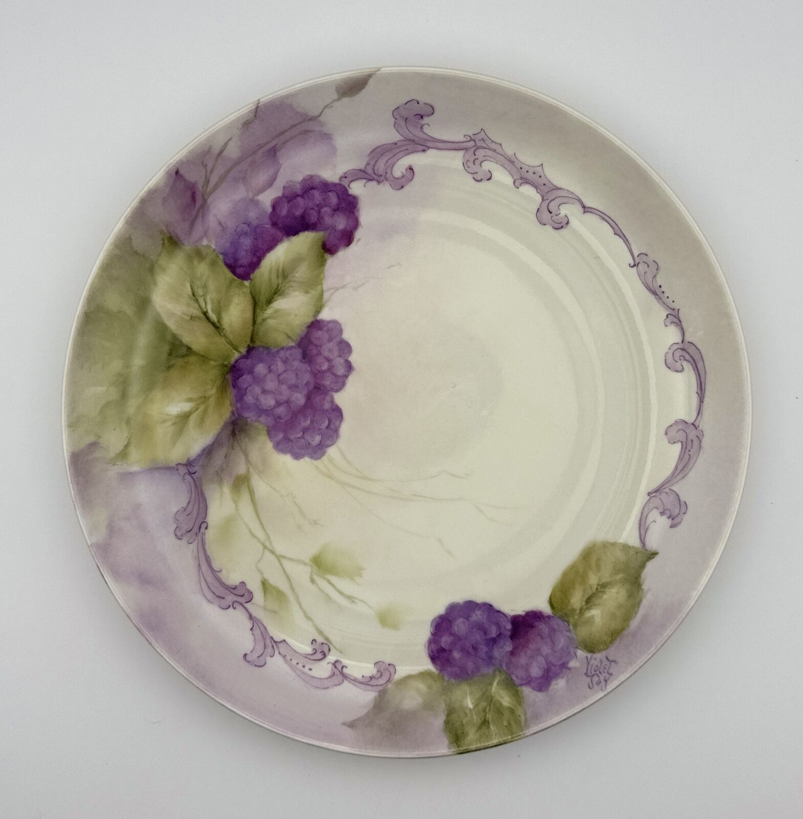 Rare Beautiful Hand-Painted Purple Floral Plate By Artist Violet Joy
