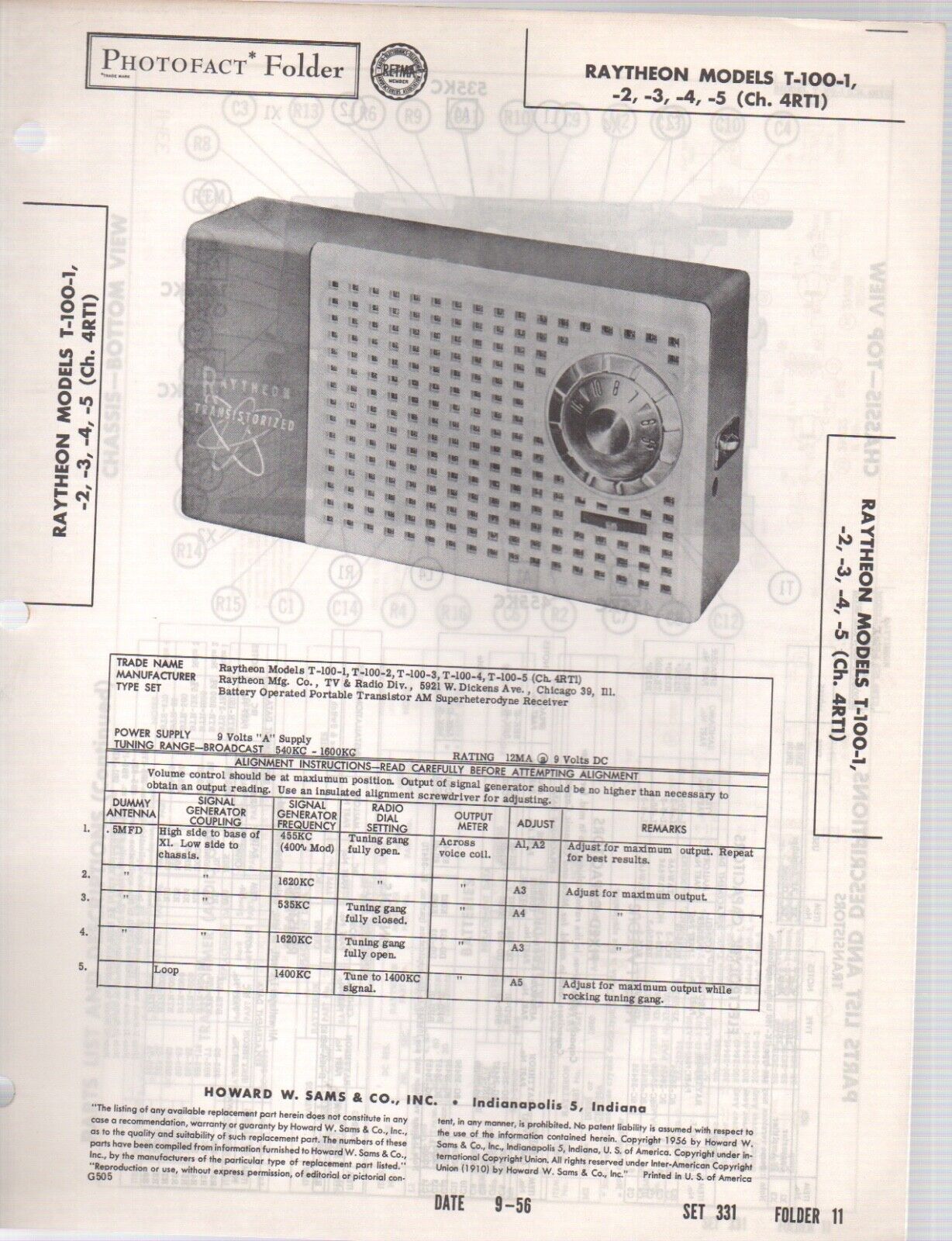 1956 RAYTHEON t-100-1 RADIO SERVICE MANUAL photofact schematic 2 3 4 5 4rt1 FIX