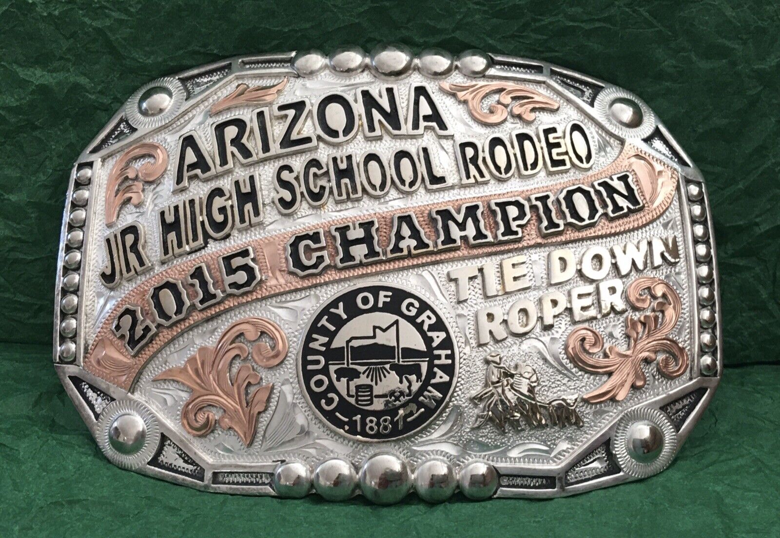 Vintage Huge 2015 Arizona Jr HS Rodeo Champion Tie Down Roper Trophy Belt Buckle
