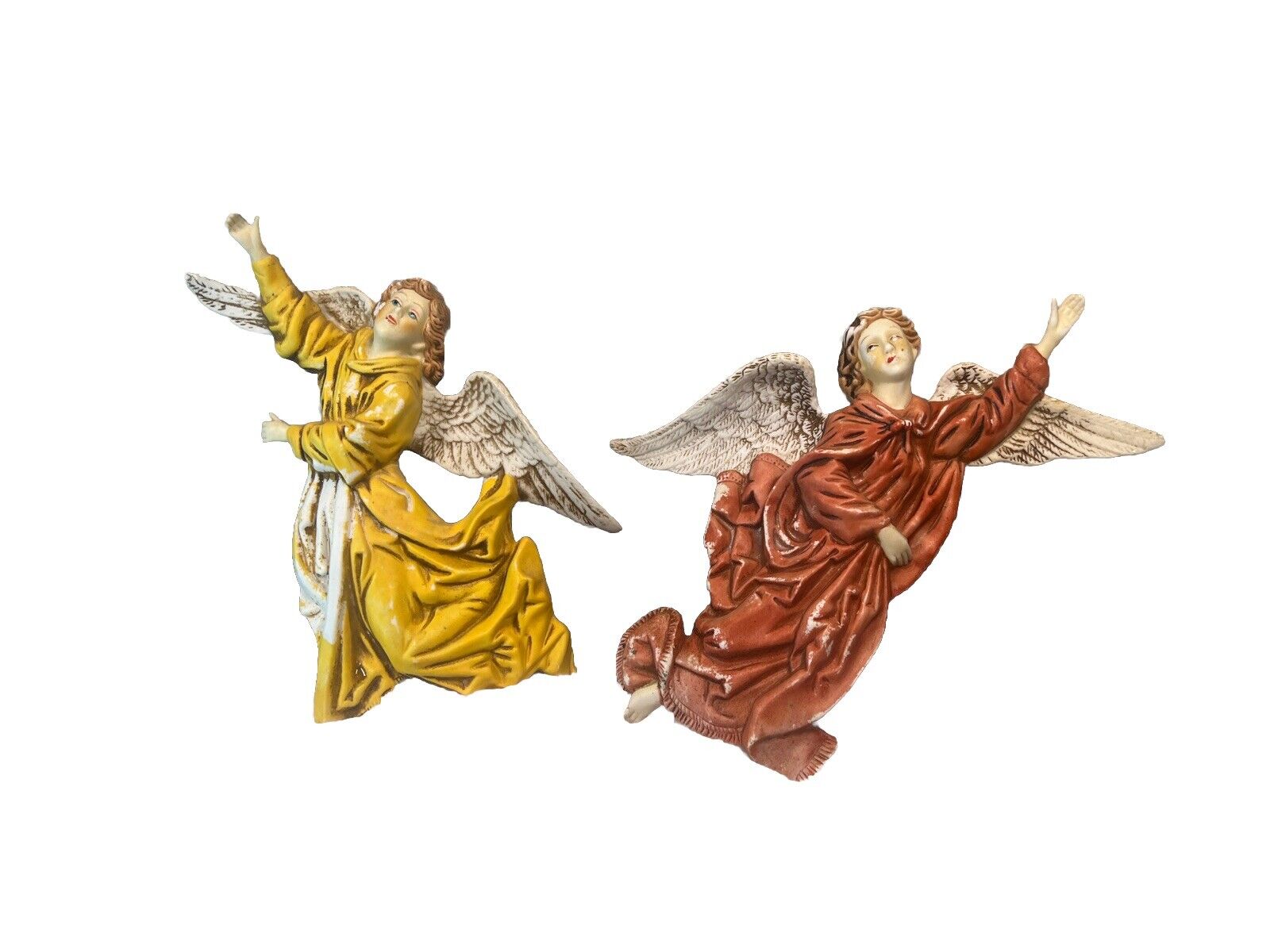 2 Porcelain Angel Figurine Ornaments, Red and Yellow Gowns Frosted Golden Wings