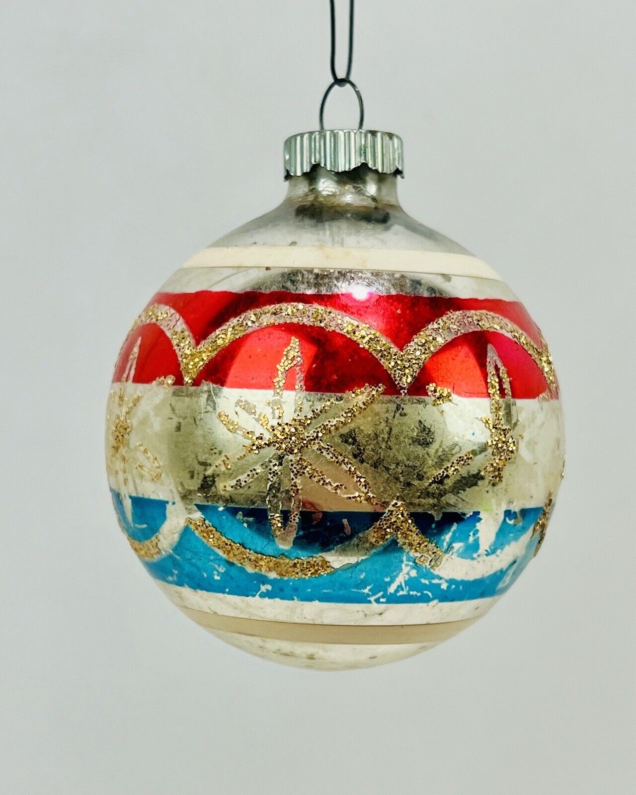 Vintage Shiny Brite Glass Ornament Patriotic Red White Blue w Gold Stars Rings