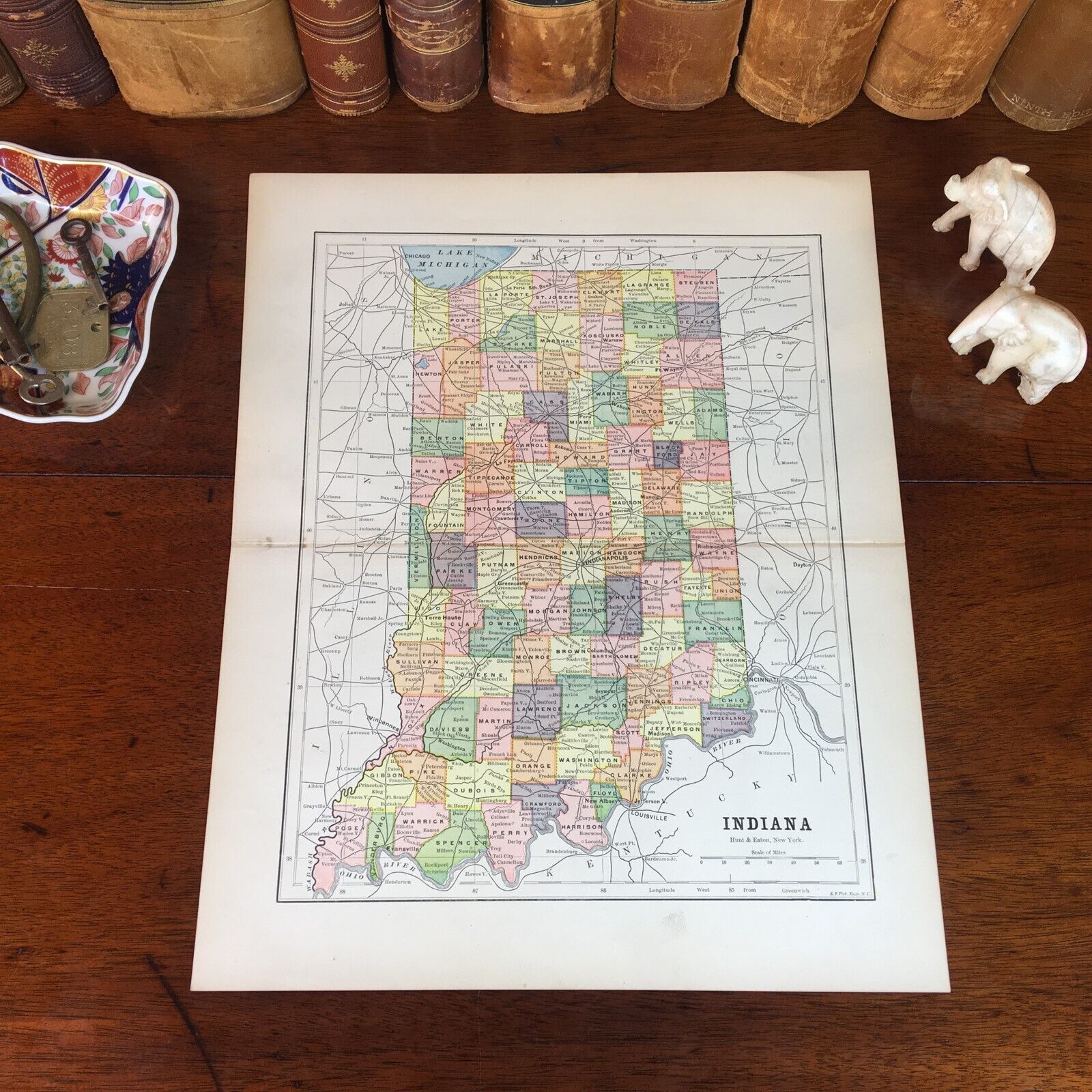 Original 1890 Antique Map INDIANA Noblesville Terre Haute Elkhart Lafayette Gary