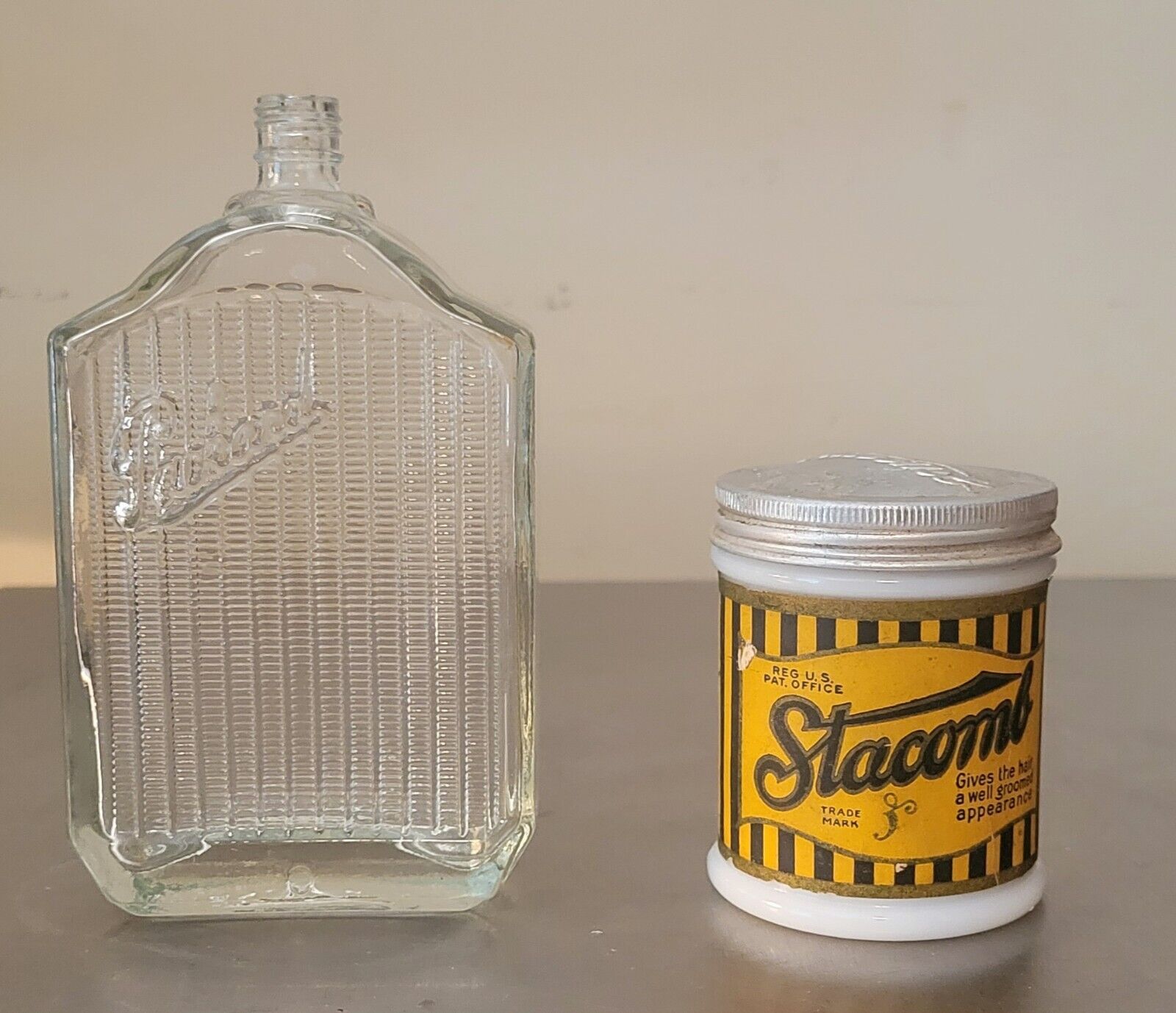 Antique Vintage Stacomb Milk Glass Hair Cream Jar & Packard After Shave Bottle 