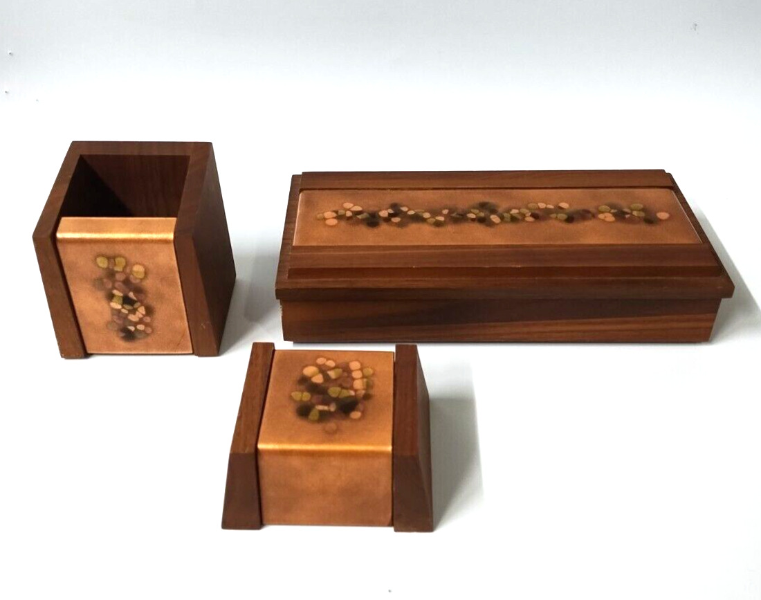 Mid Century Modern Wooden Teak and Copper Enameled 3 piece Vanity Desk set