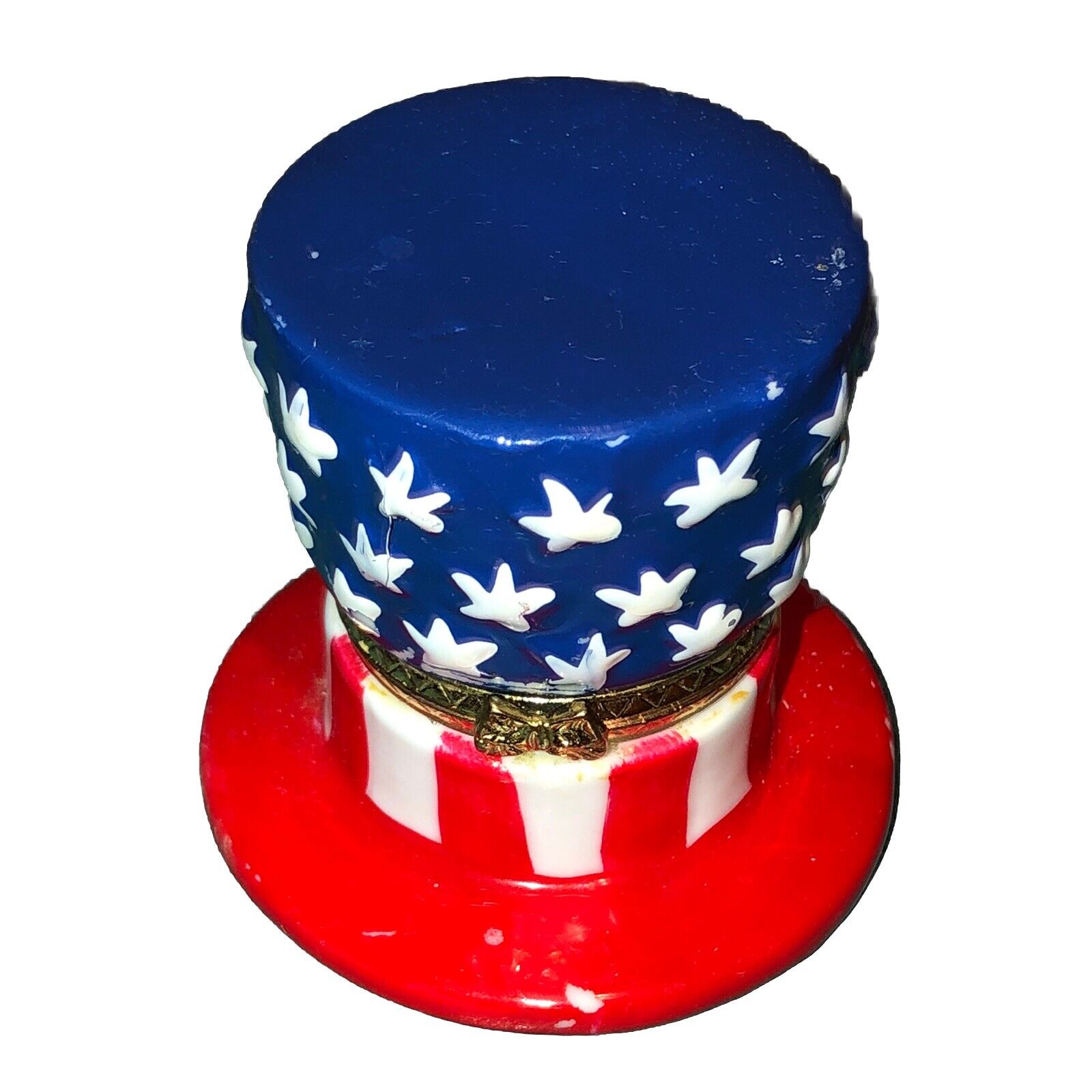 Uncle Sam Top Hat Ceramic ￼Trinket Box Americana Flag Color 4th of July Figurine