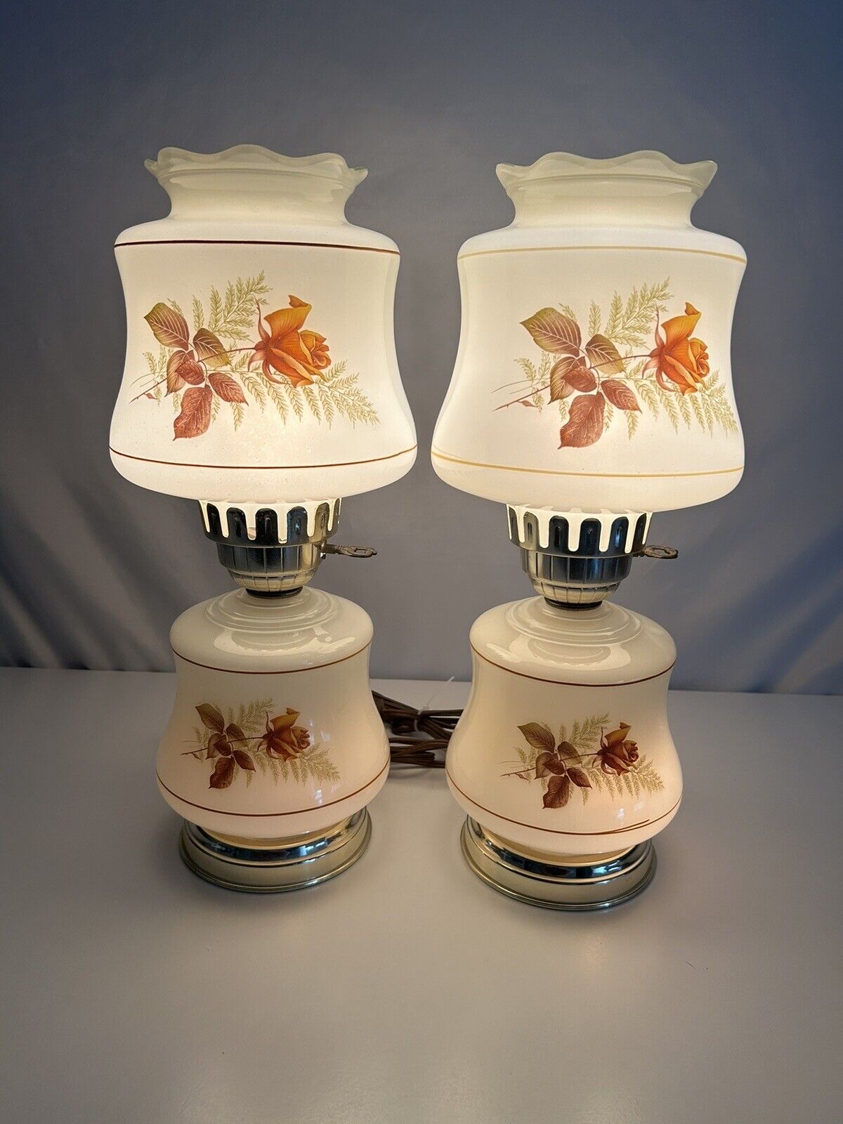 Vintage MCM  17” Hurricane Rose ￼  Floral Lamps Set. ￼3-way-light