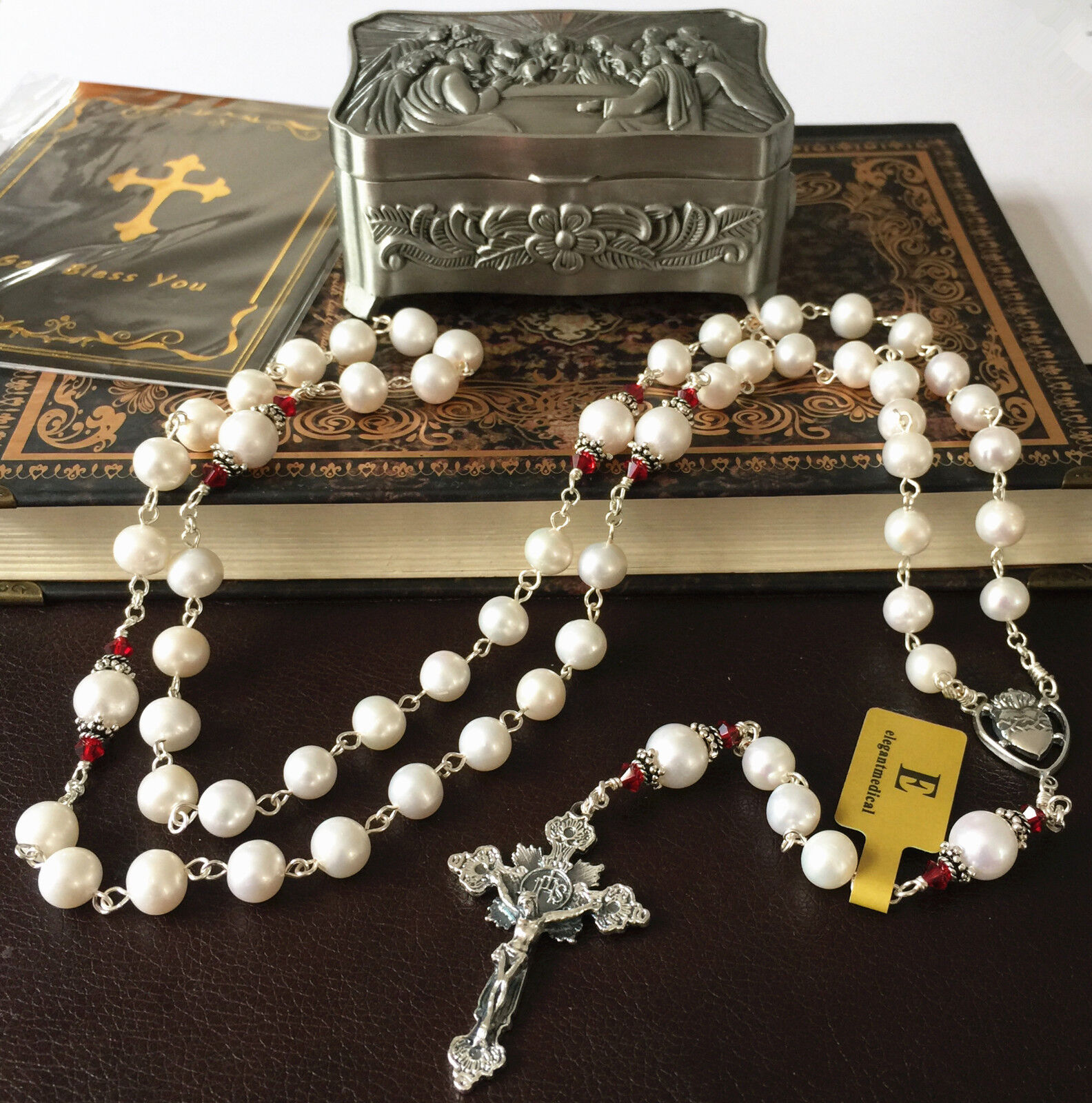 AAA8-9mm Natural Real Pearl Beads Catholic Sterling Silver Rosary NECKLAC Cross