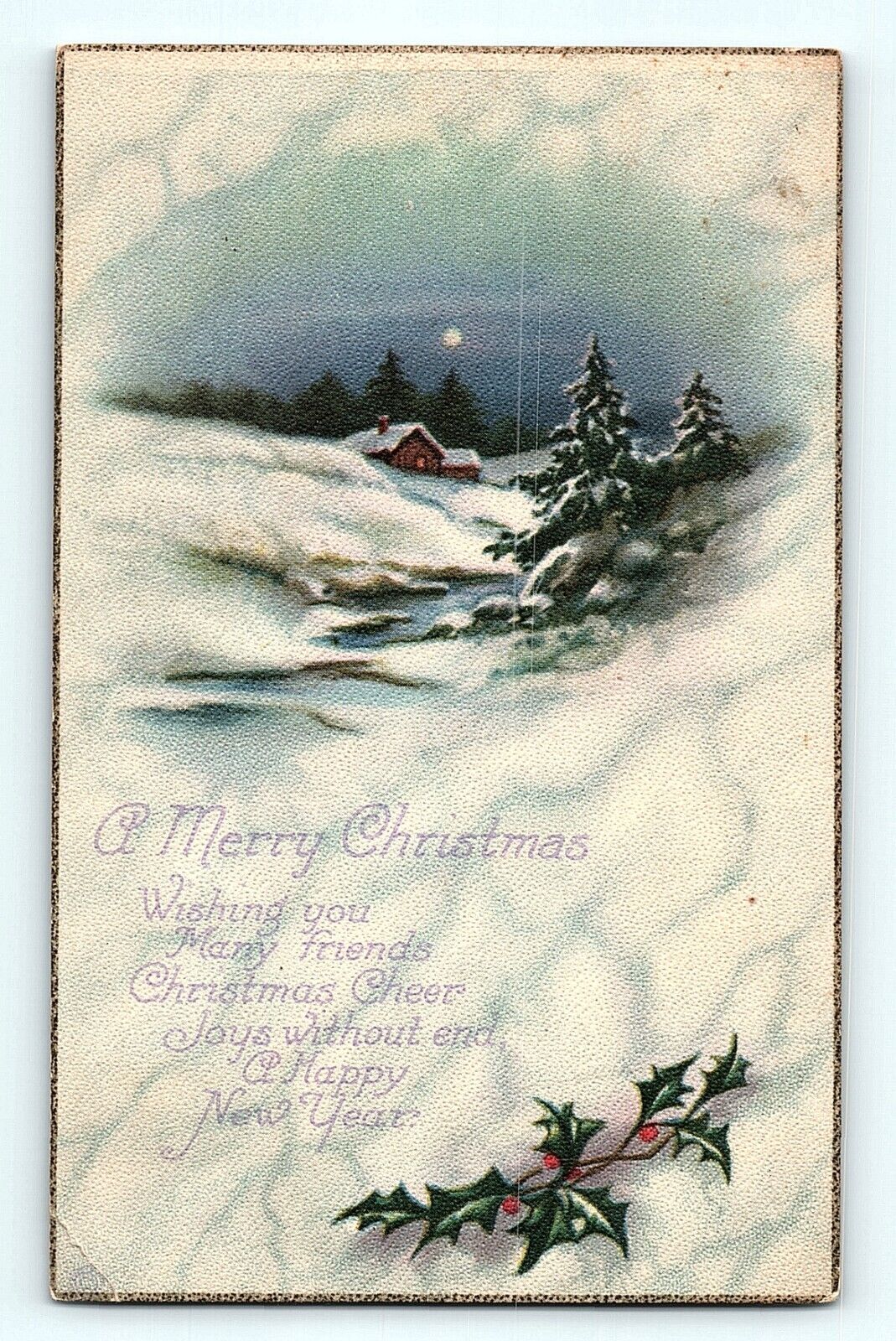A Merry Christmas Snow Covered Cottage at the End of a River Vintage Postcard E5