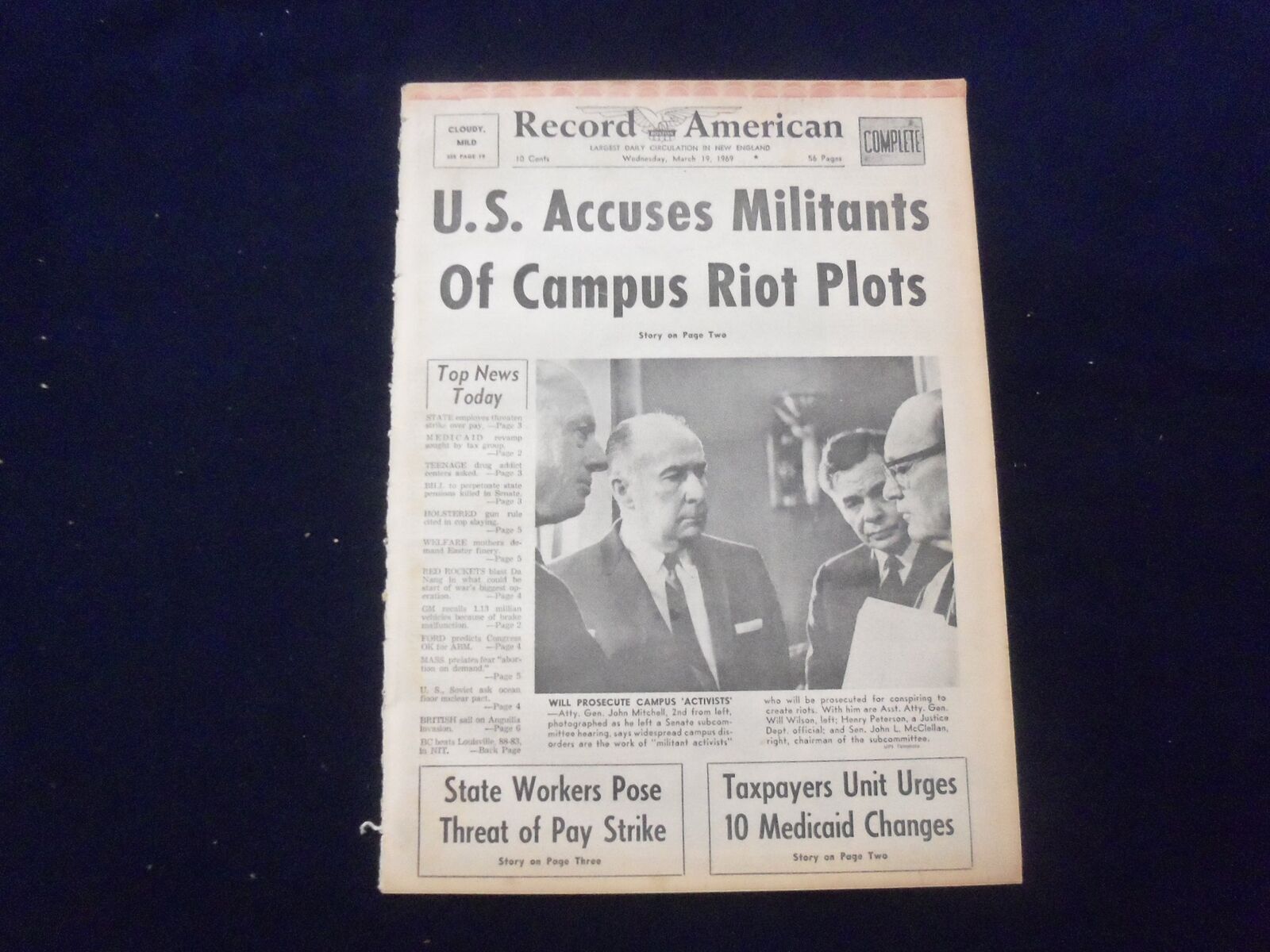 1969 MAR 19 BOSTON RECORD AMERICAN NEWSPAPER-U.S. ACCUSES MILITANTS RIOT-NP 6335