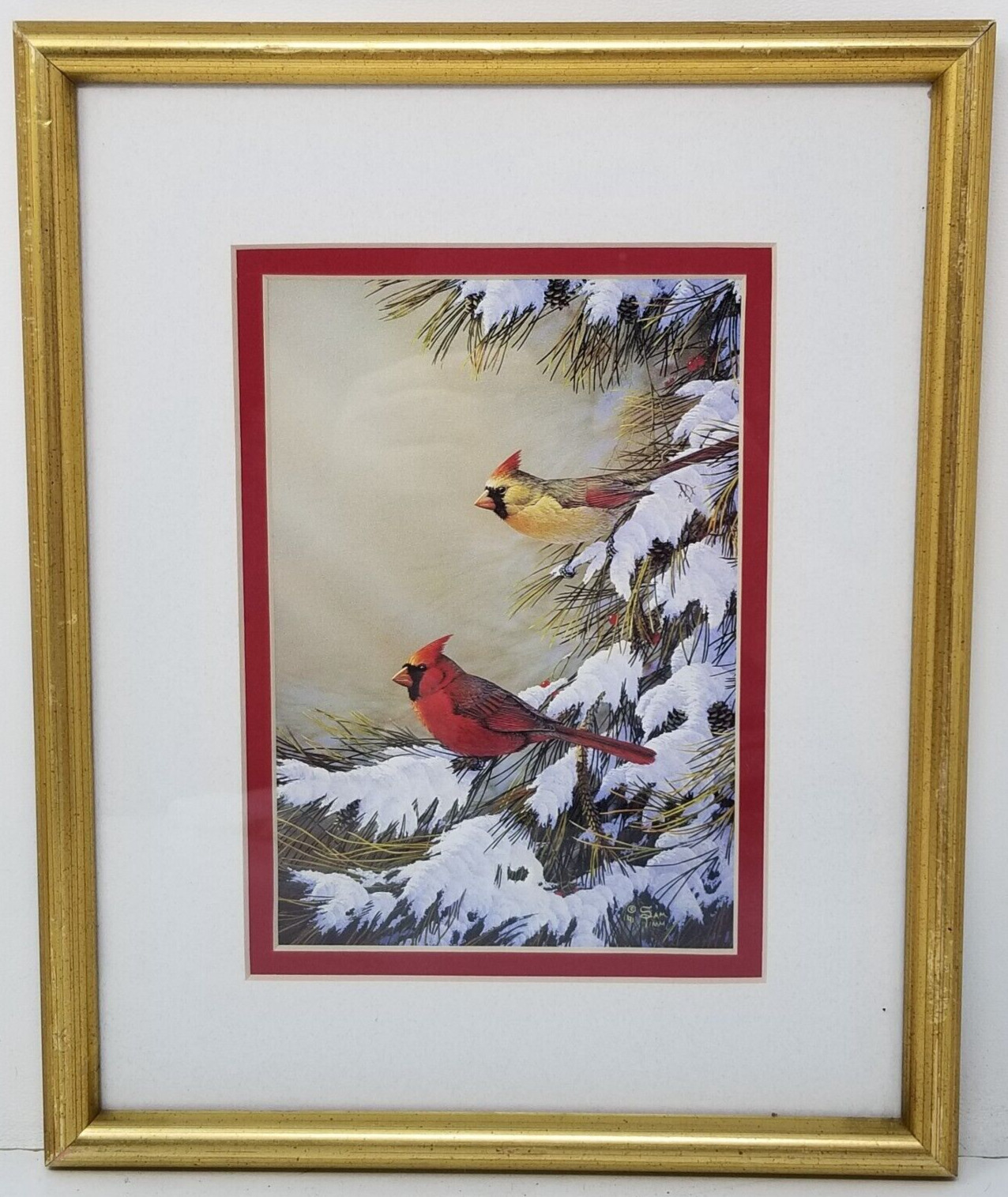 Cardinal Birds Print Pine Tree Snow Frosty Morning Sam Timm Signed Framed