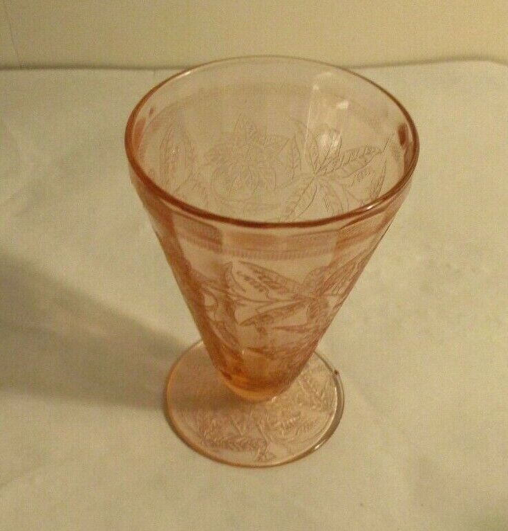 4 FLORAL PINK POINSETTIA DEPRESSION GLASS 7 OZ FT.WATER TUMBLERS 4 3/4\