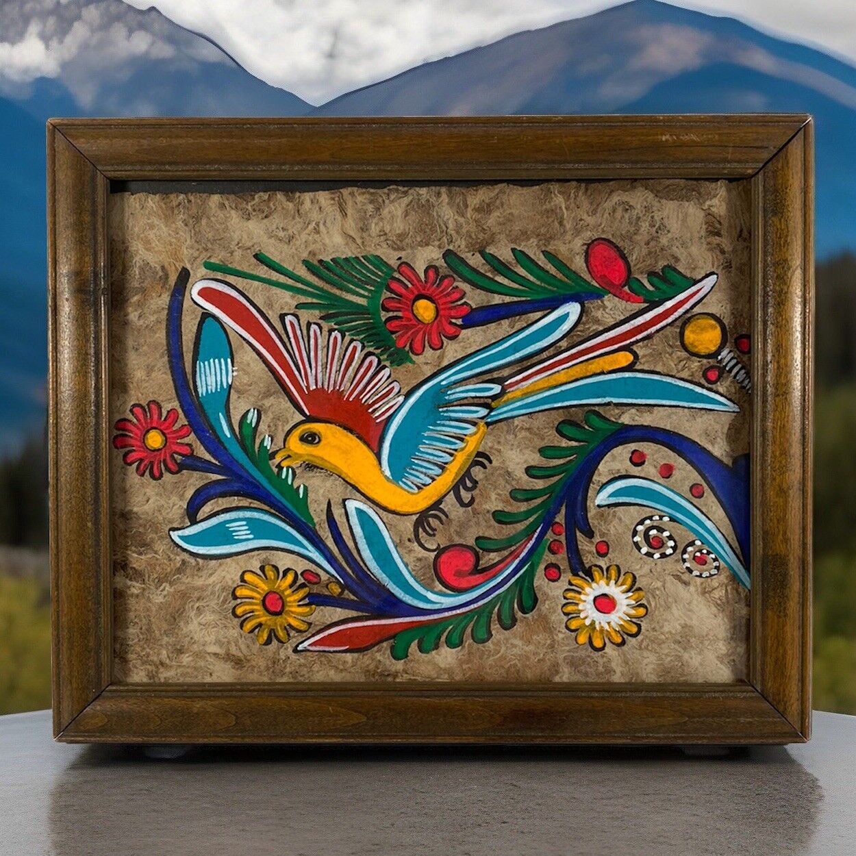 Vintage Mexican Folk Art Amate Bark Painting Vibrant Handmade Framed