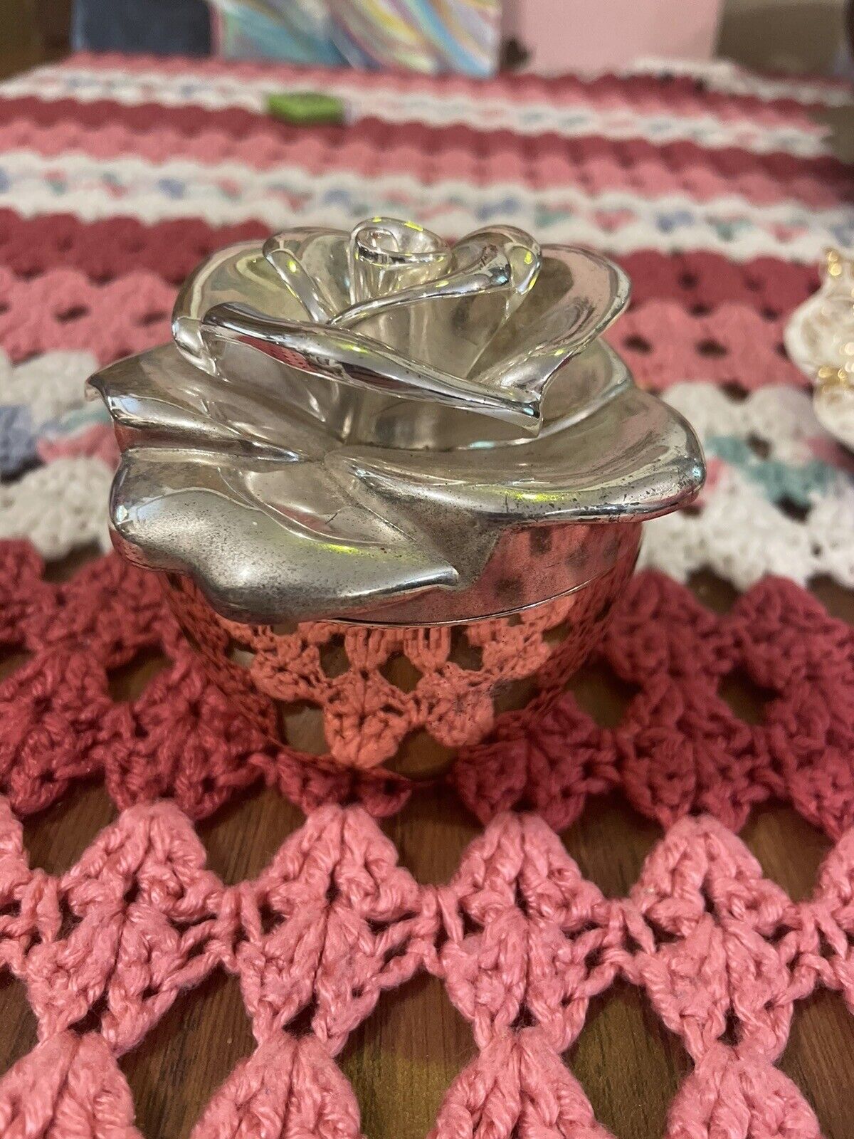 Silver plated Rose Flower Trinket Jewelry Box 4”