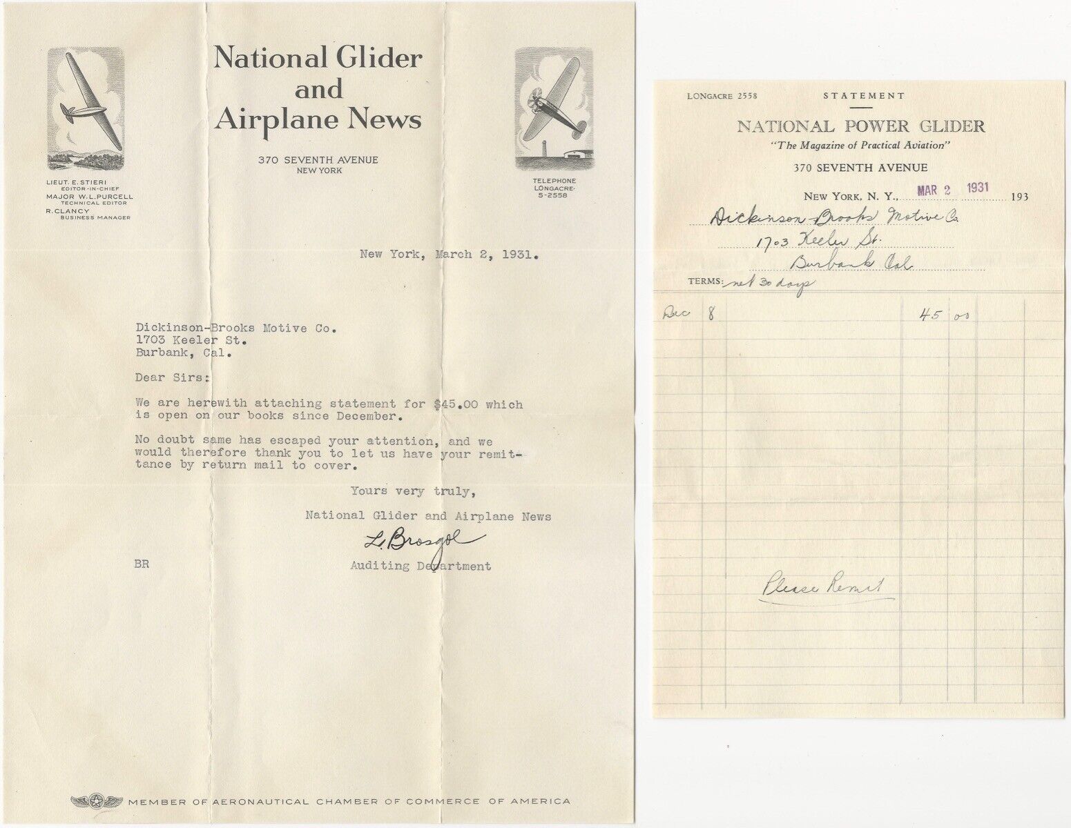 1931 National Glider and Airplane News Illustrated Letterhead and Billhead