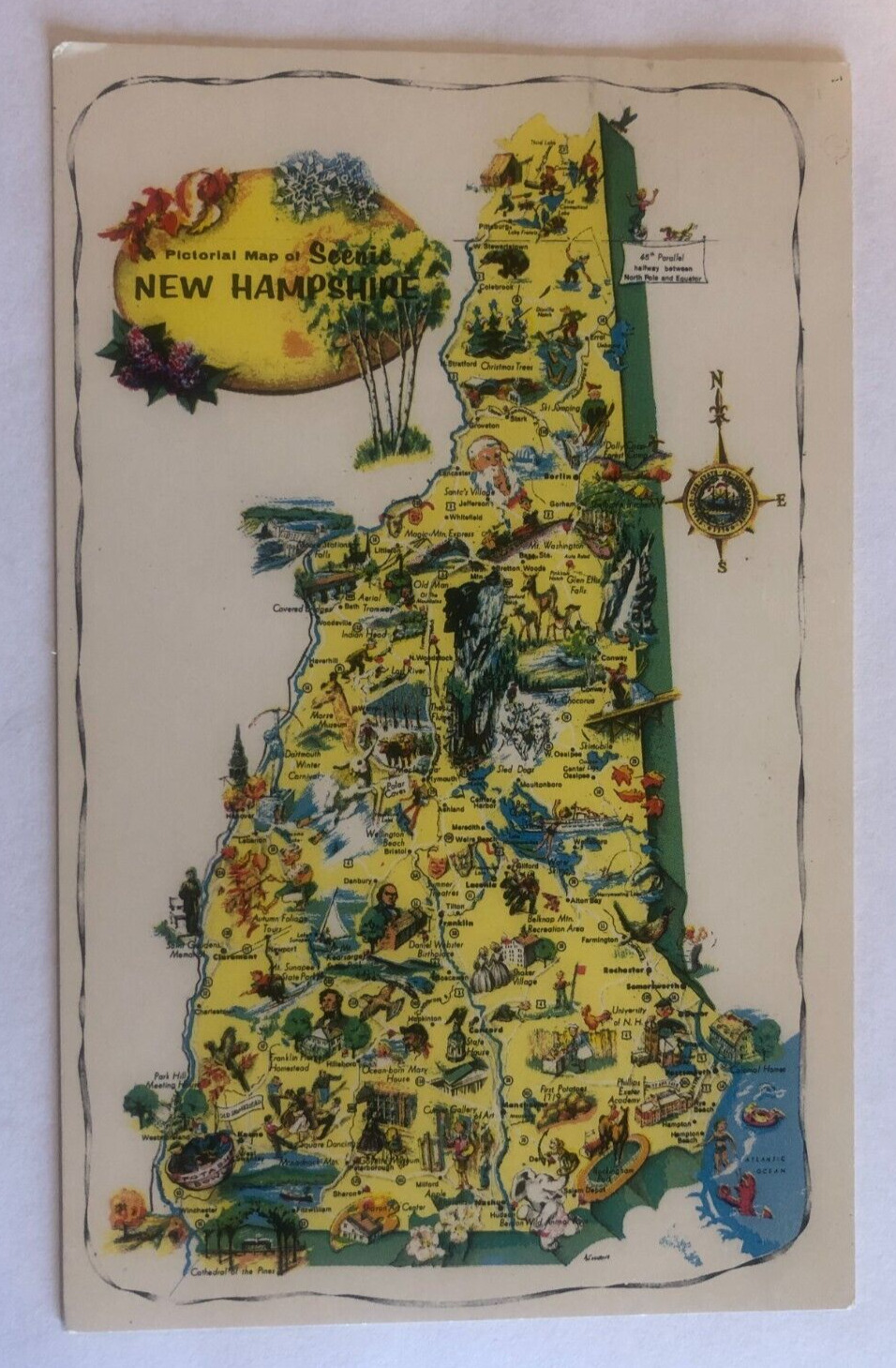 New Hampshire State Map, Landmarks & Attractions, Vintage Postcard, c1957