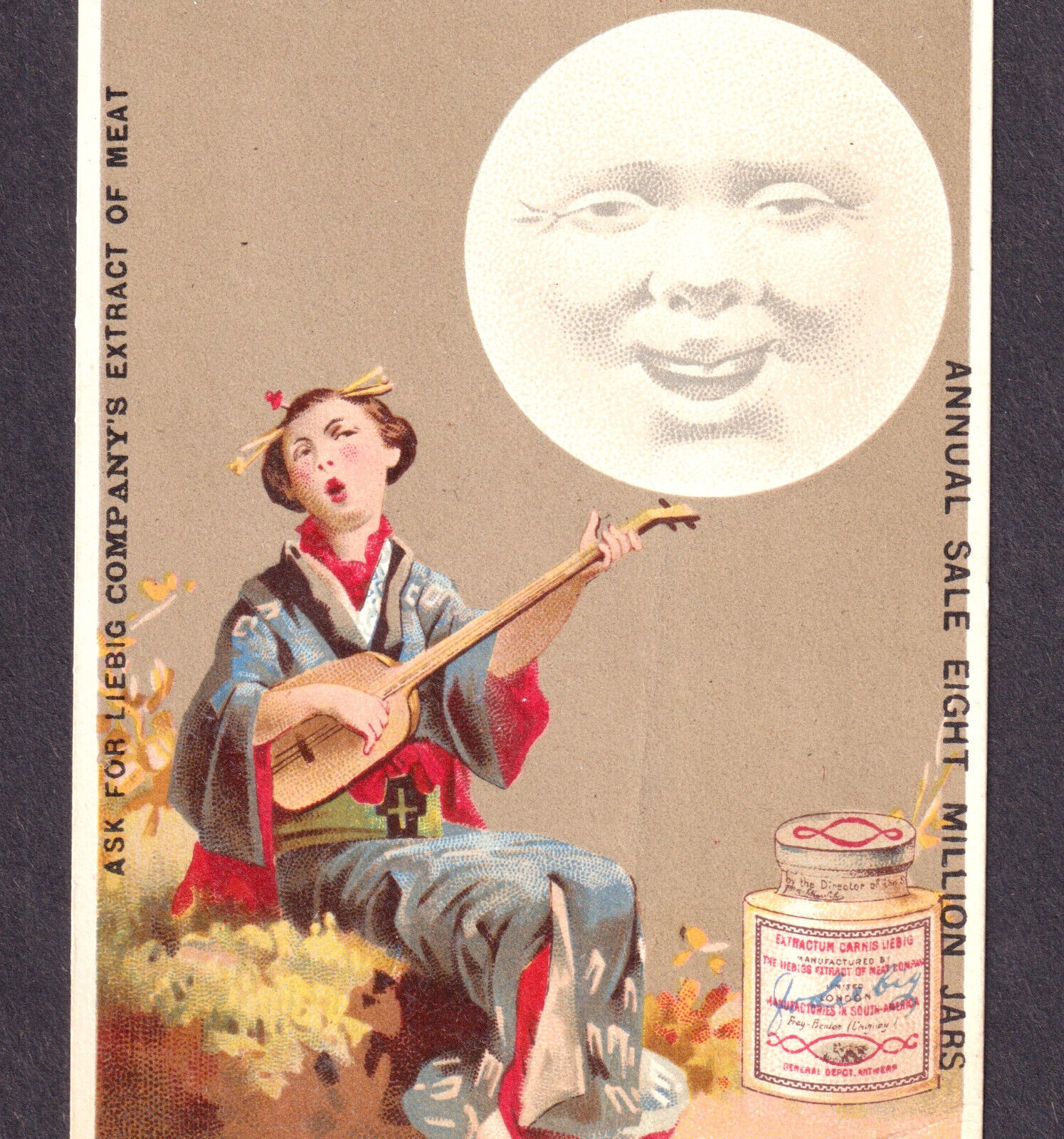 Liebig 1884 Japanese Moon Geisha Girl #S 0147 Shamisen Guitar English Trade Card