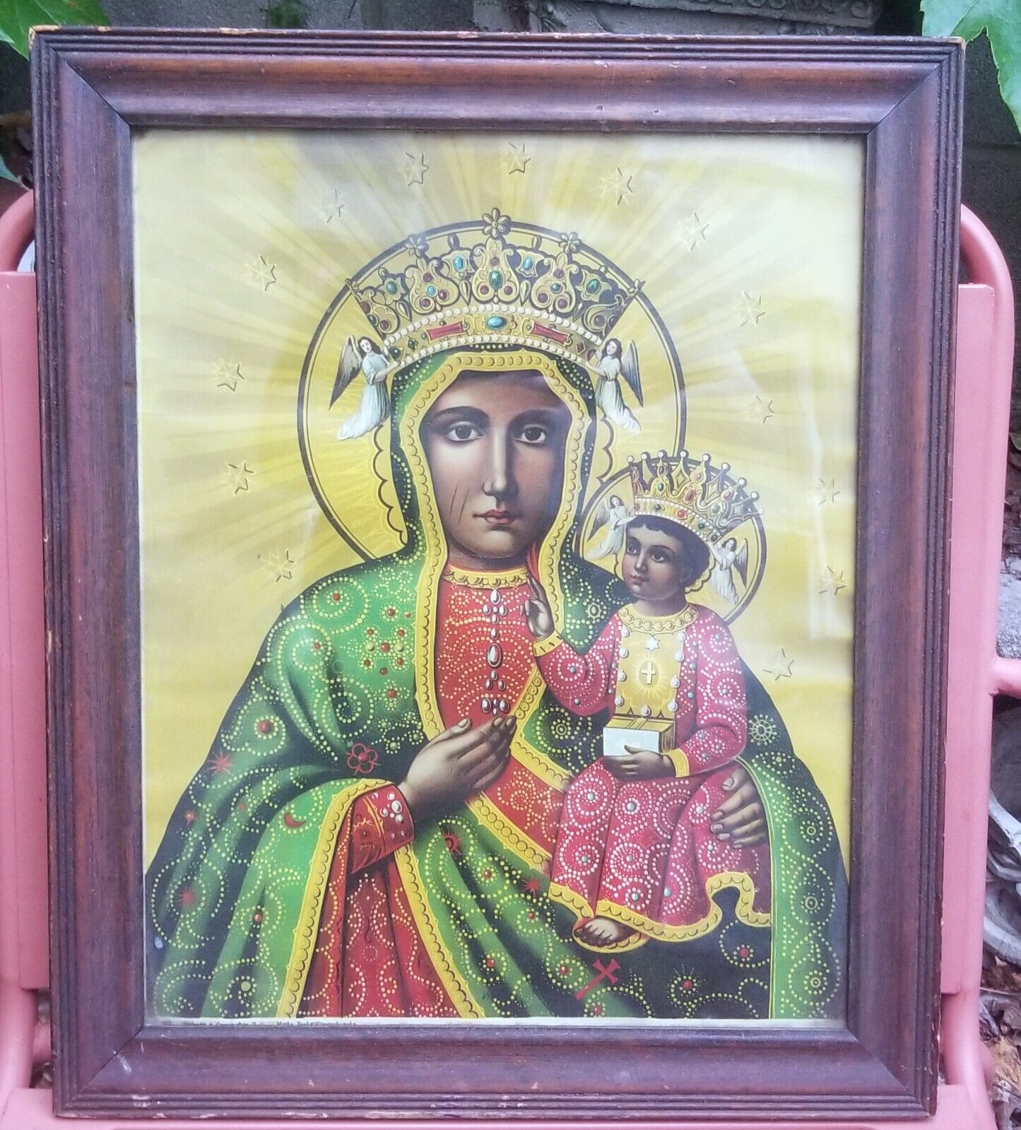 Antique Our Lady of Czestochowa Framed Print Madonna & Child Jesus & Mary