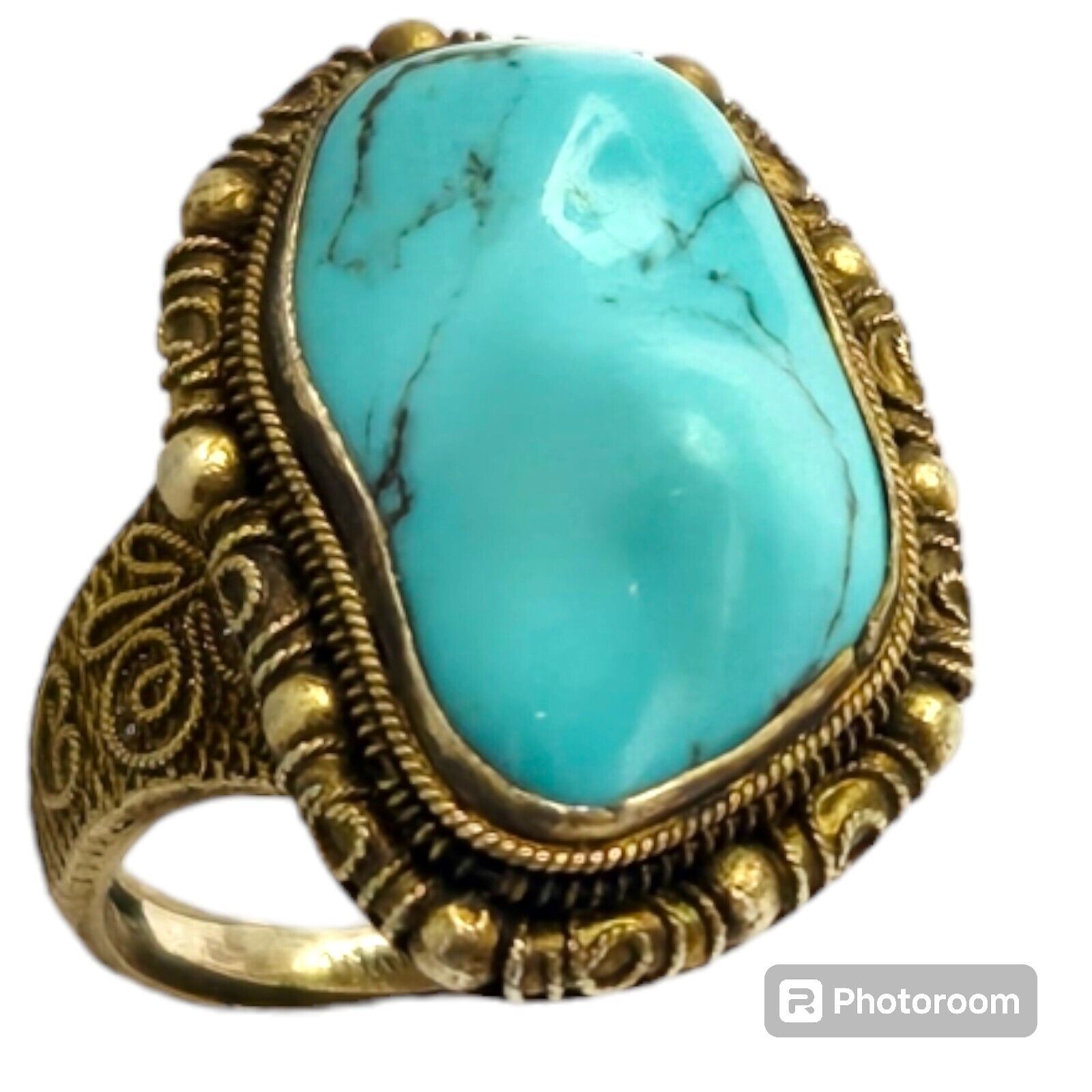Important Chinese Export Sterling Silver Filigree Turquoise Nugget Ringsz9