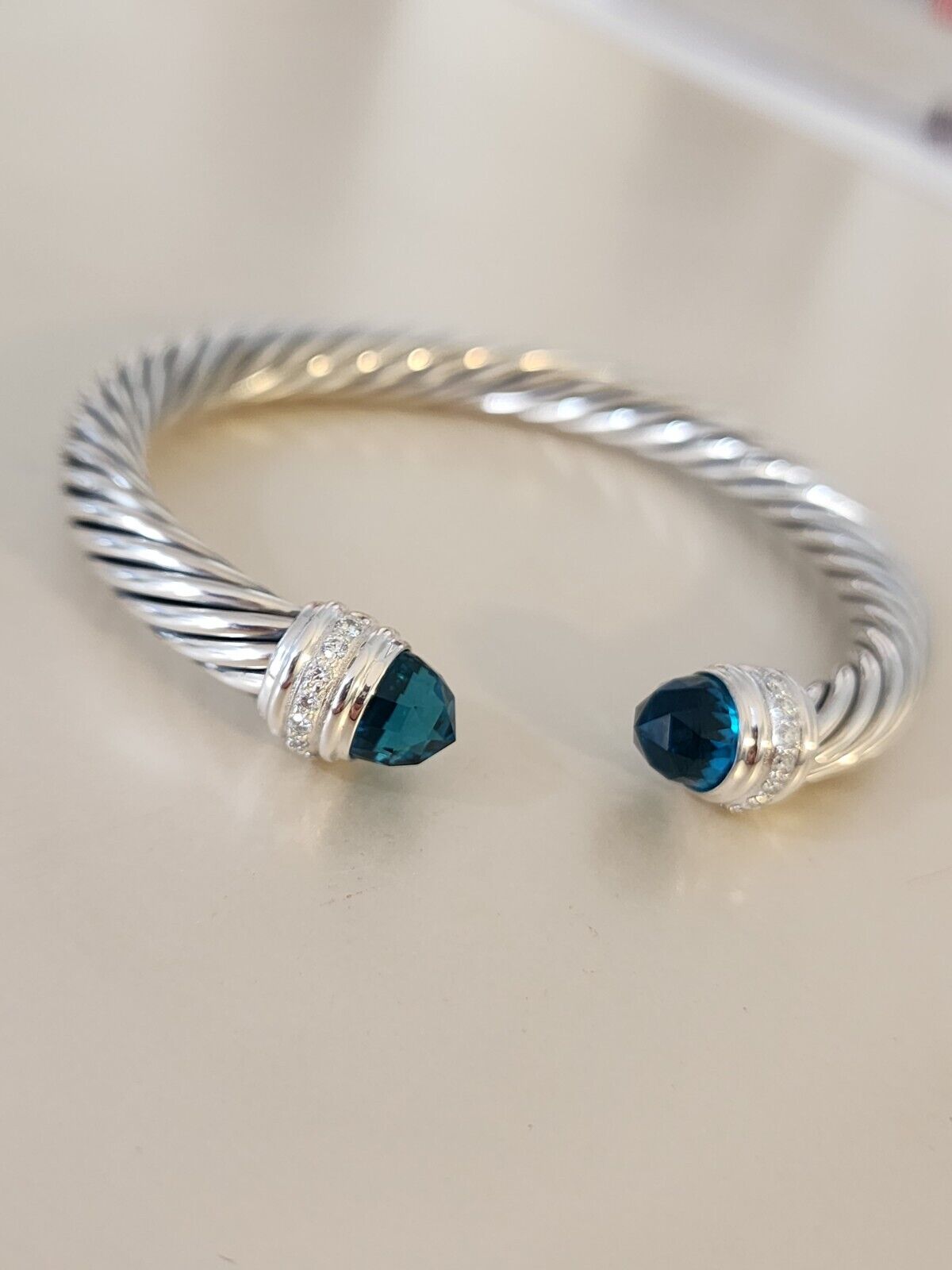 David Yurman 7mm Cable Classics Cuff Bracelet 925 Silver Hampton Blue & Diamonds