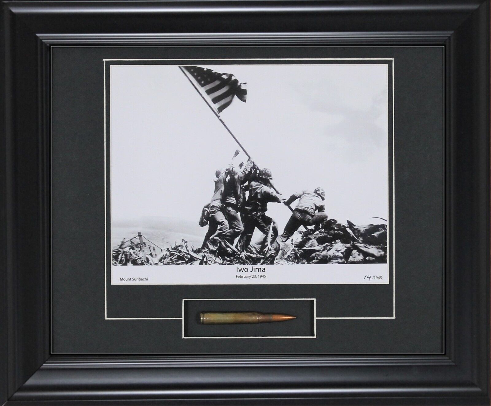 USMC Iwo Jima Mount Suribachi Flag Raising Framed WW2 Print M1 Garand Bullet COA