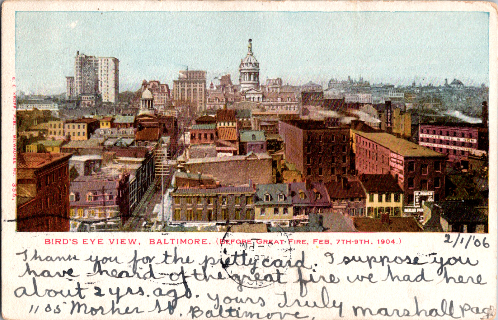 Vintage 1906 Baltimore City Before Great Fire Birds Eye View Maryland Postcard