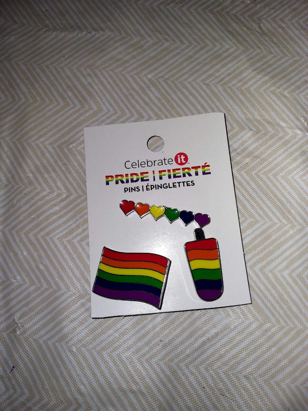 Pride Pins Celebrate It. Three Pins in one. Flag, Hearts, Popcycle. 