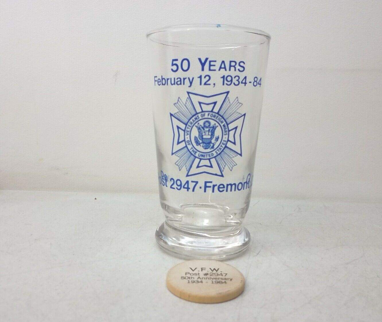 VFW Post 2947 50th Anniversary Glass And Wooden Nickel Commemorative 1934-1984