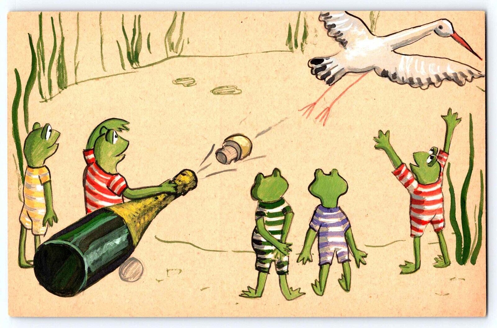 Anthropomorphic Dressed Frogs Fantasy Postcard Chasing Pelican Away pre-1910
