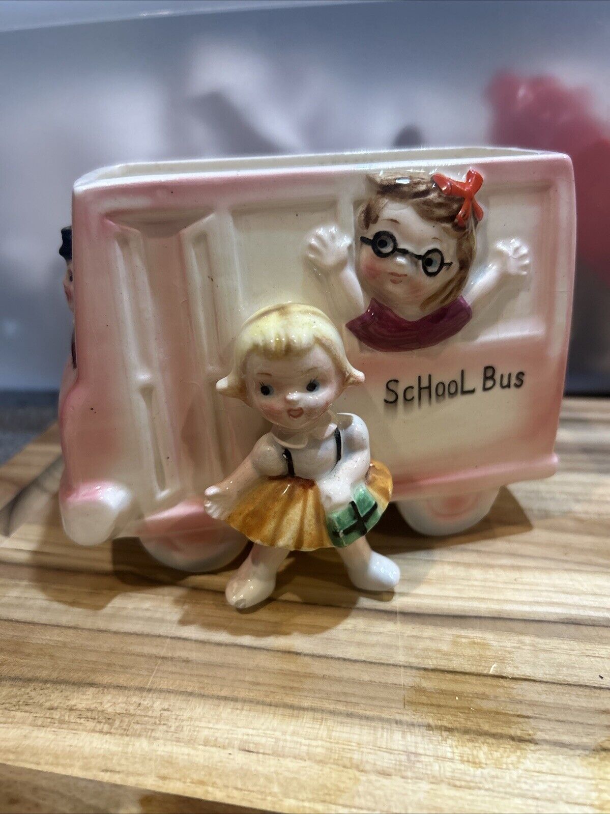 Adorable Vintage Girl Pink School Bus Figurine Planter Napco Relpo A1057