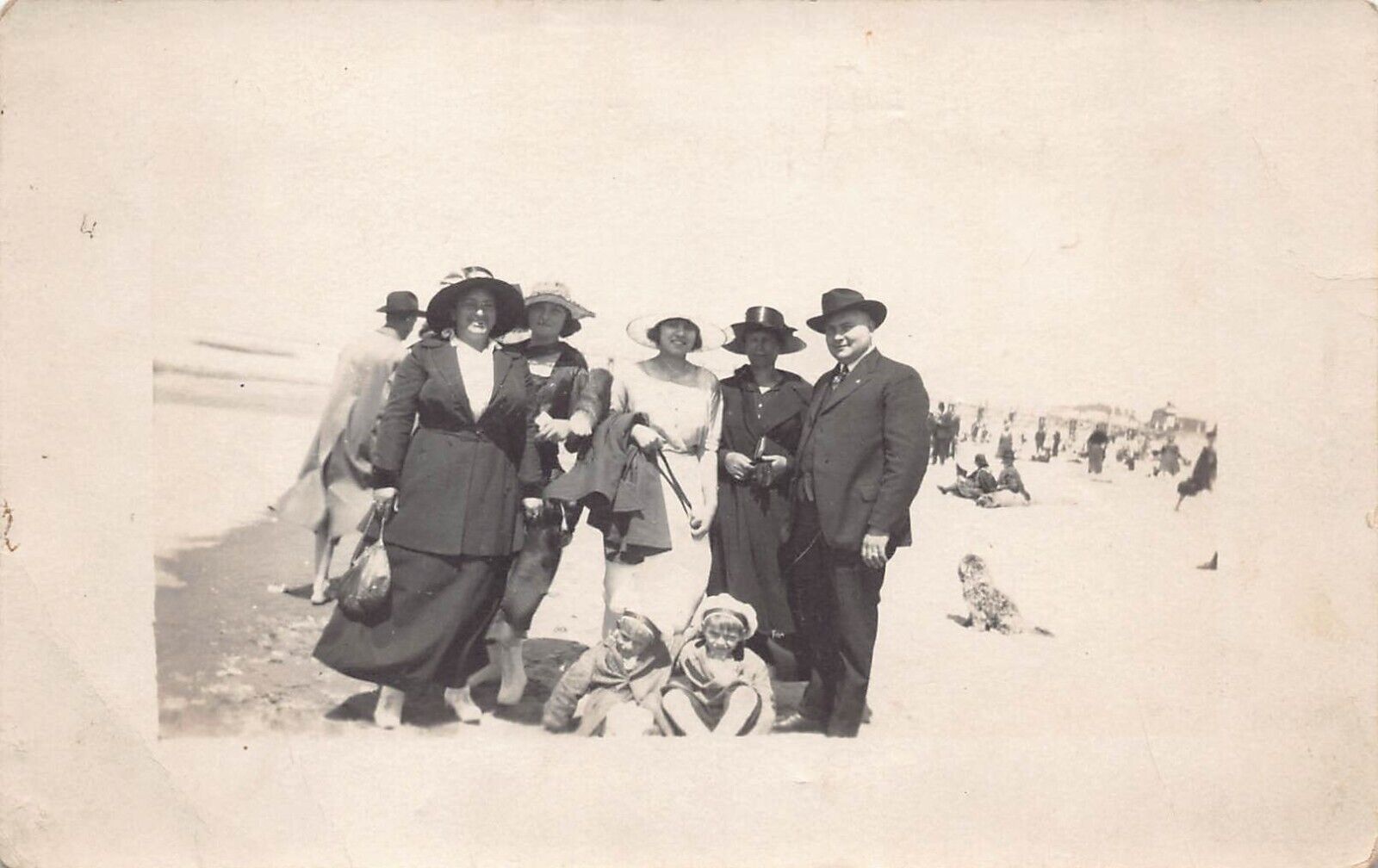 RPPC Family Photo Beach Scene Poodle Dog Puppy Early 1900s Photo Postcard D12