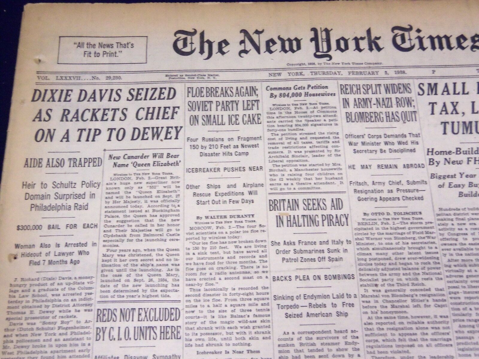 1937 FEB 3 NEW YORK TIMES - DIXIE DAVIS SEIZED AS RACKETS CHIEF ON DEWEY- NT 737
