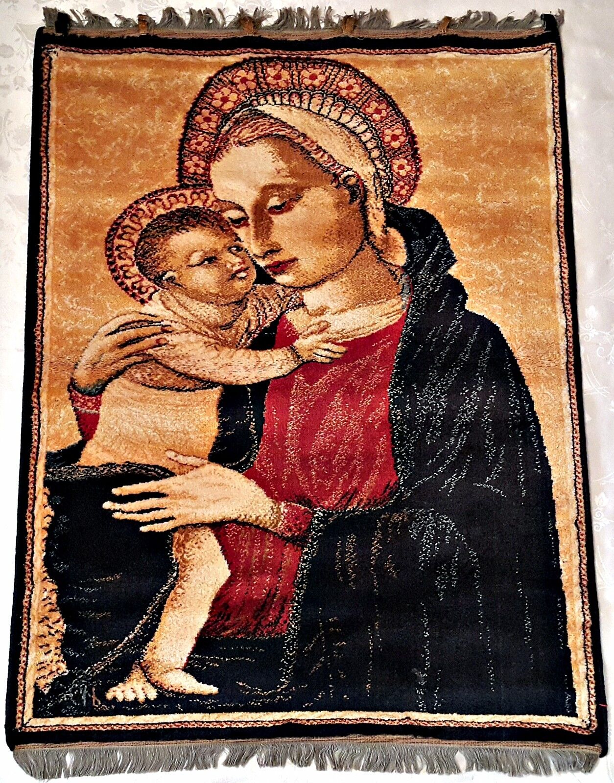 VINTAGE LAHORE RELIGIOUS ART HOLY MARY&BABY JESUS WALL TAPESTRY CARPET:95x130cm