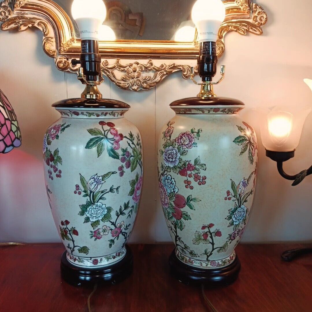 Vintage Pair Of Hand painted Chinoiserie Ginger Jar Vase Table Lamps