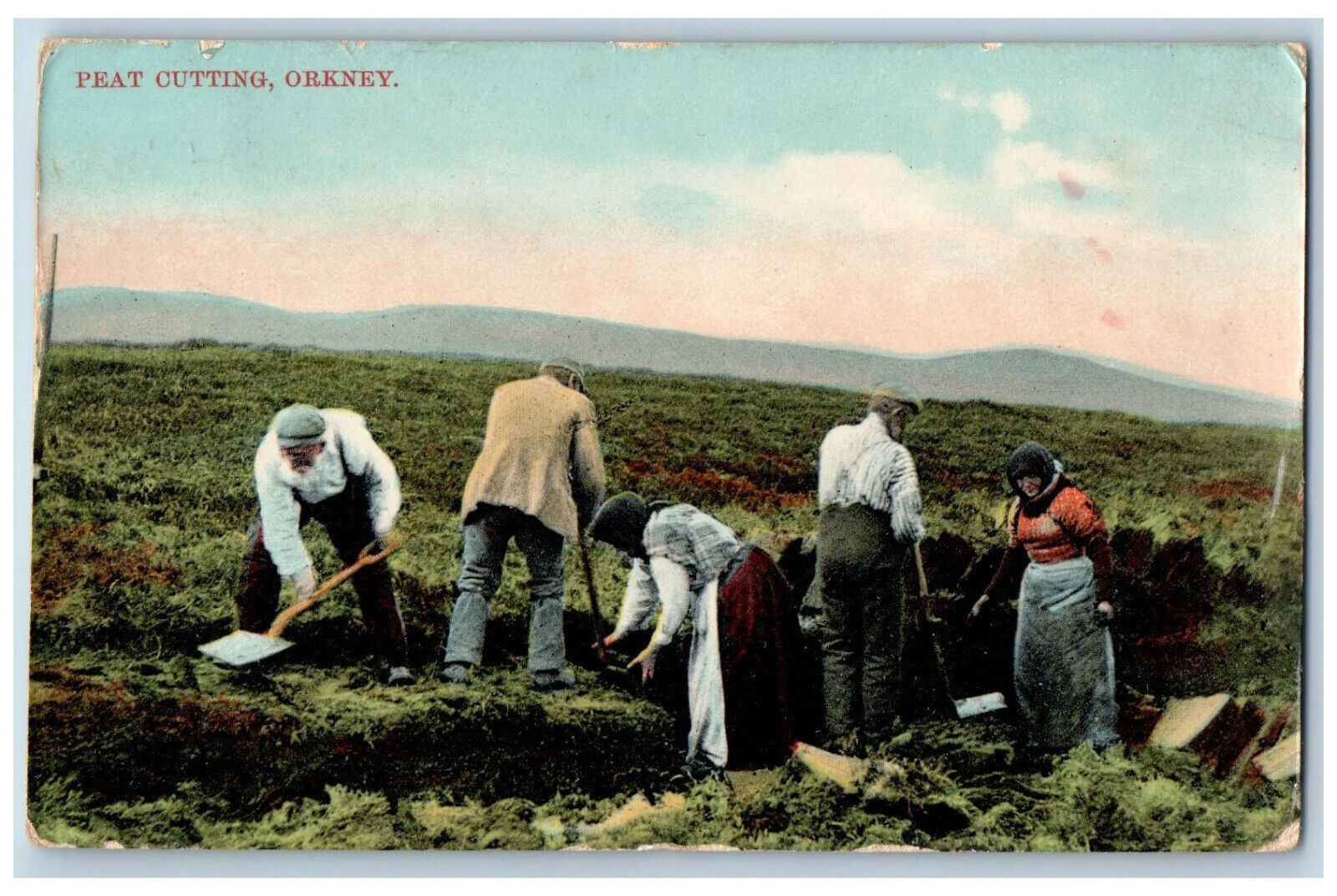 Orkney Scotland Postcard View of Farmers Peat Cutting 1908 Antique Posted