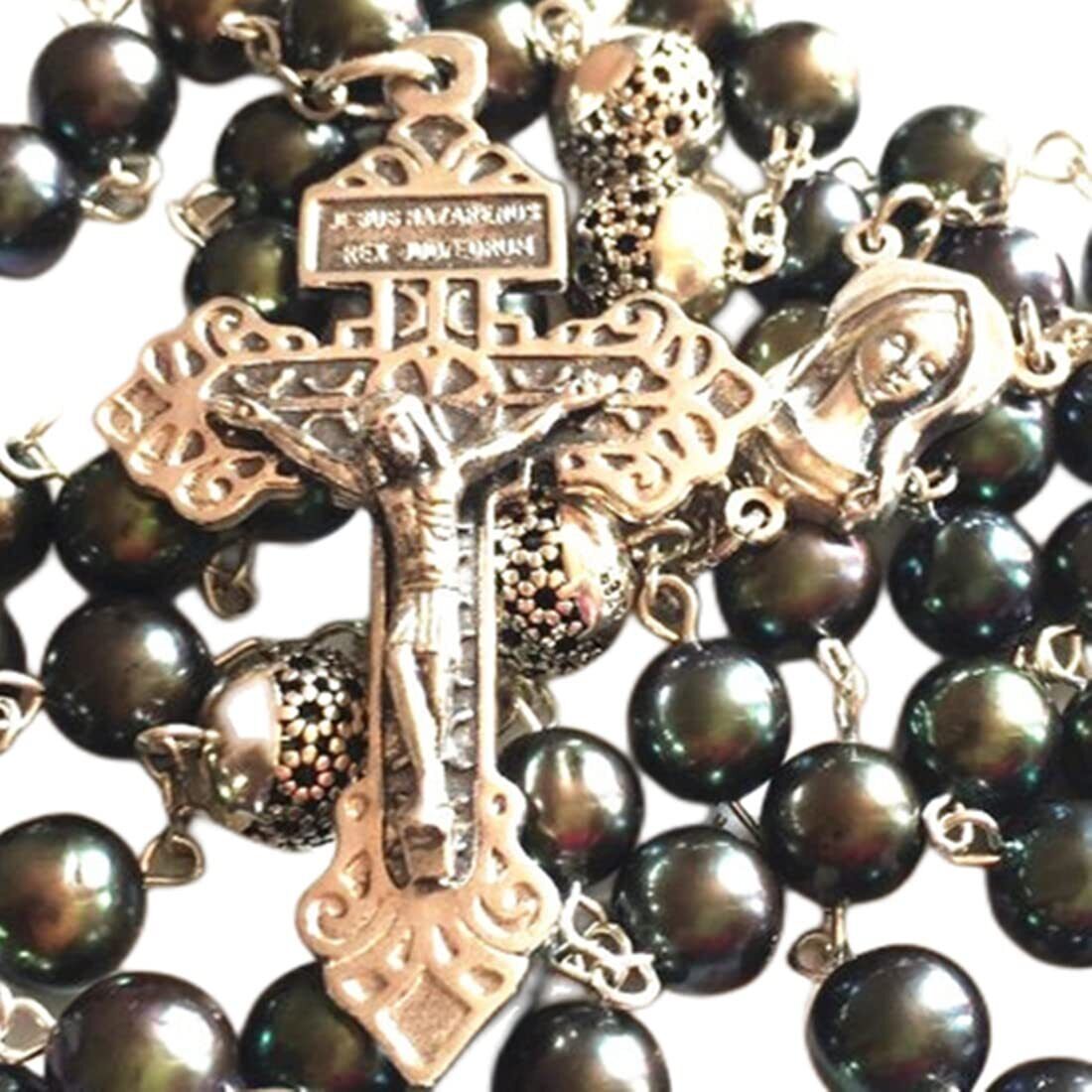 HANDMADE AAA Black Real Pearl + Bali Sterling Silver Beads Catholic Rosary Cr...
