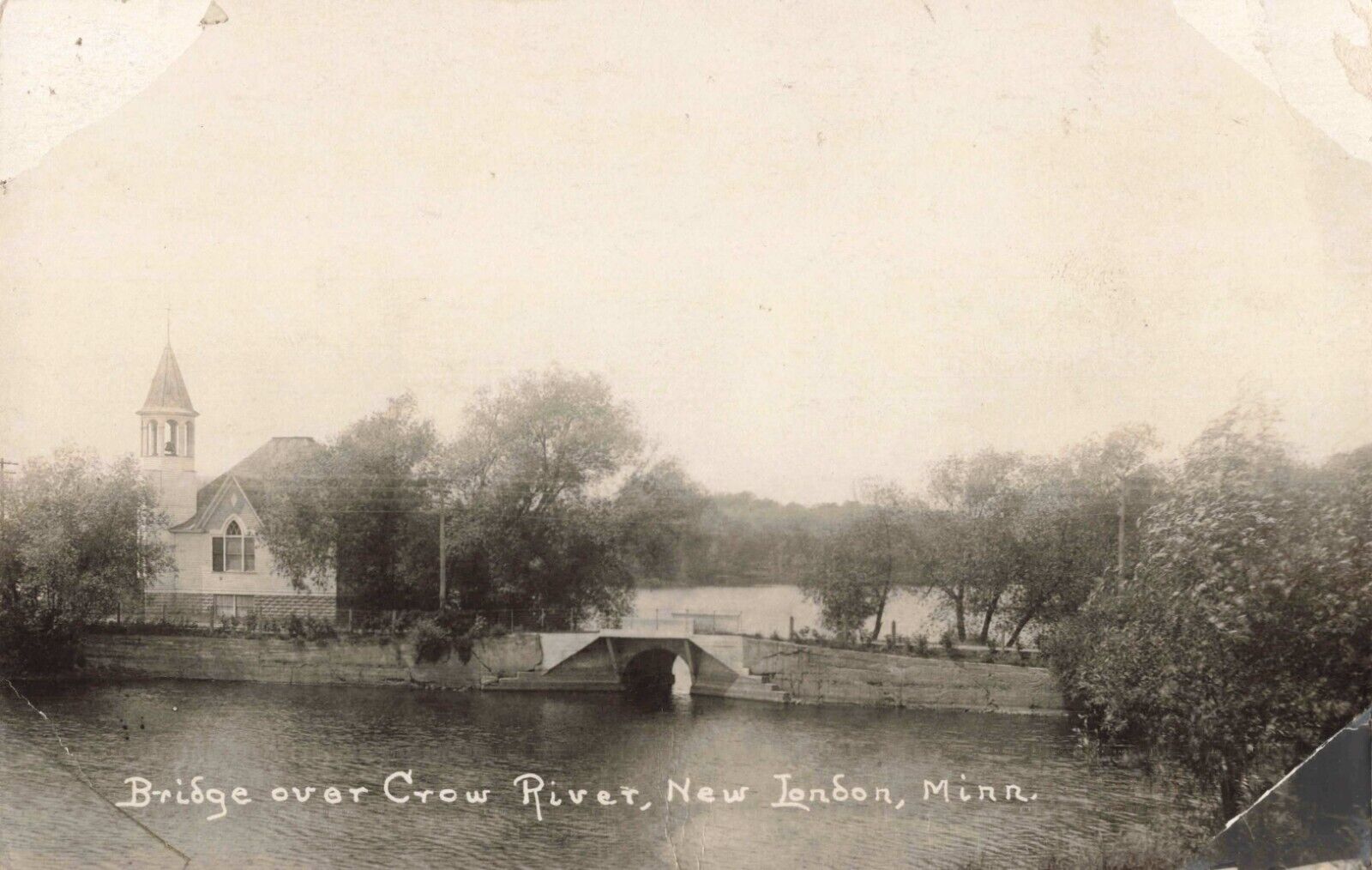 Bridge Over Crow River New London Minnesota MN Church c1910 Real Photo RPPC