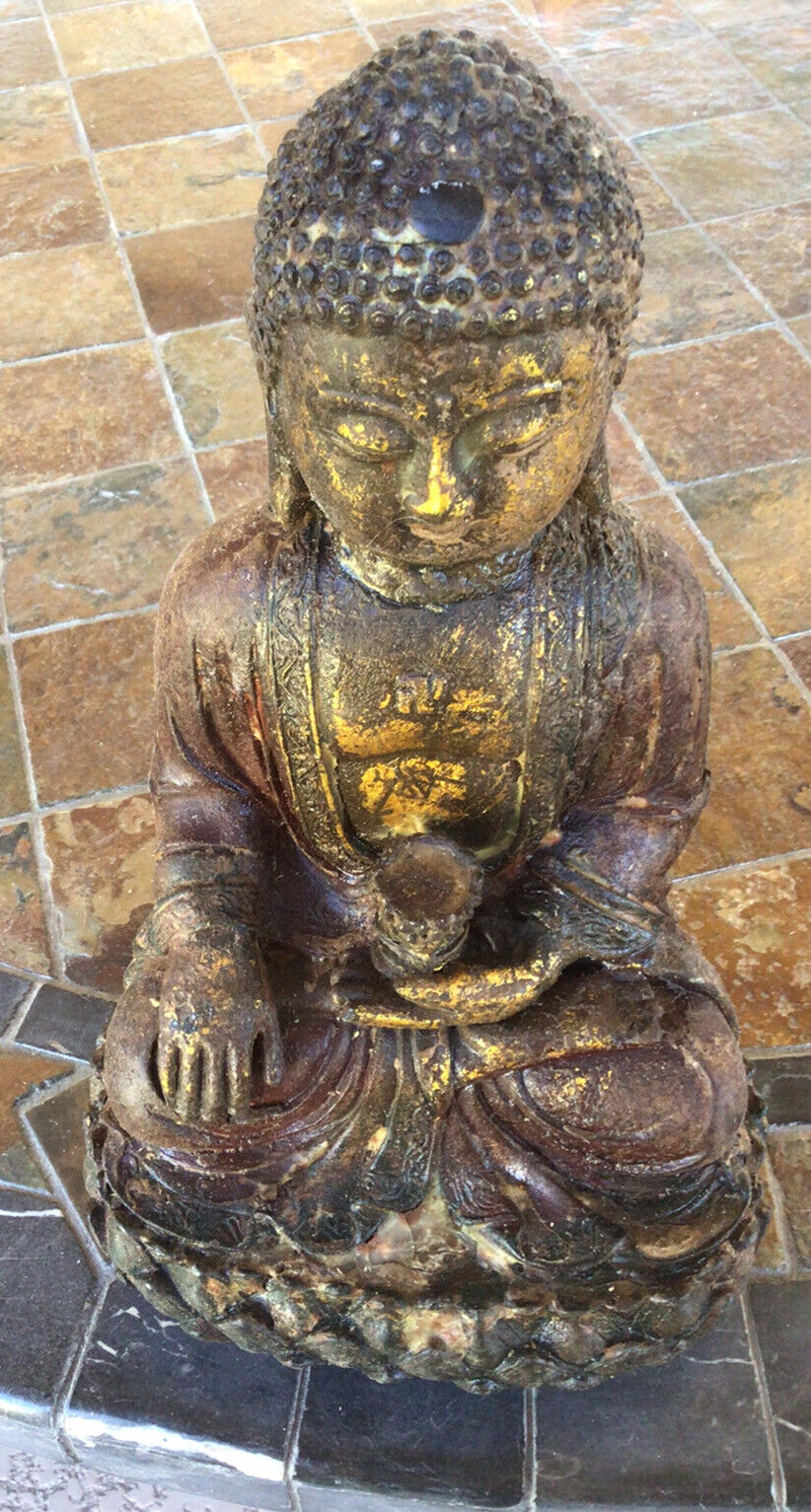 vintage cast iron 13” sitting Buddha with some gilting remaining 12 1/2 lb