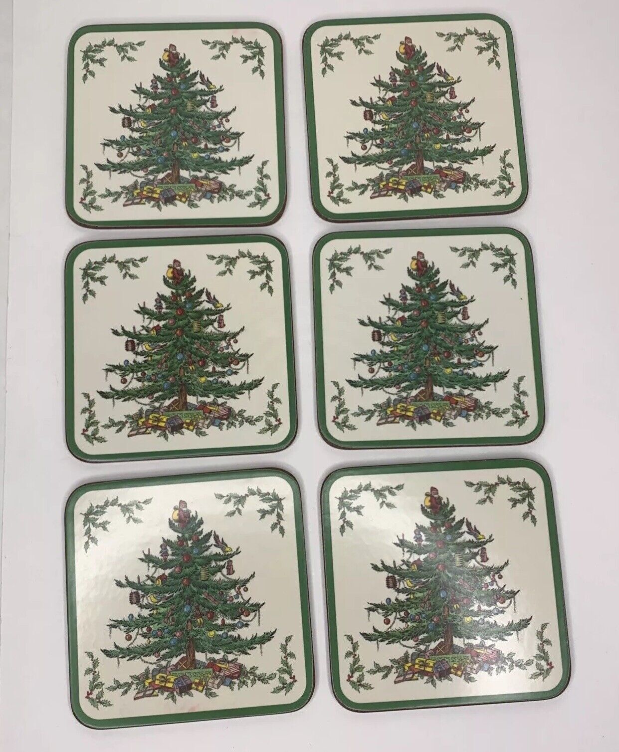 Christmas Tree Spode Coasters Set of 6 Square Acrylic Cork Back Extras Imperfect
