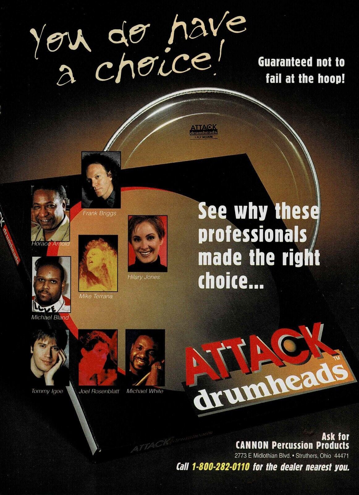 ATTACK Drumheads - Briggs / Jones / Igoe / Bland / Arnold - 1998 Print Ad