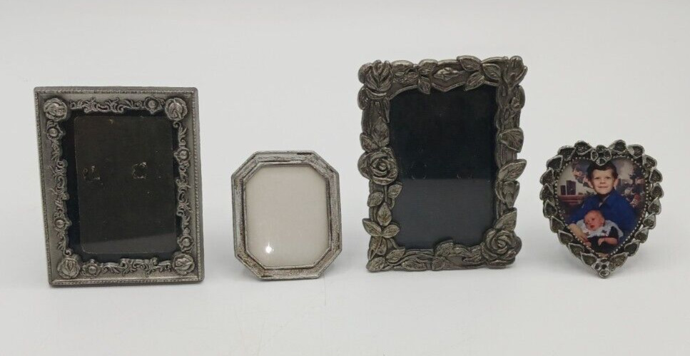 Lot of 4 Pewter Vintage Style Small Miniature Picture Photo Frames