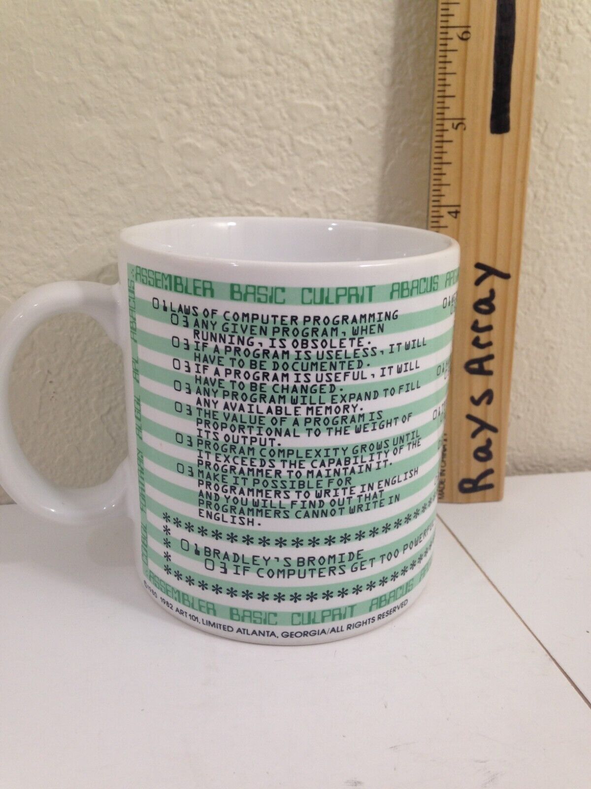 Novelty Computer Programmer Bradley's Bromide Coffee Mug Vtg Japan green white